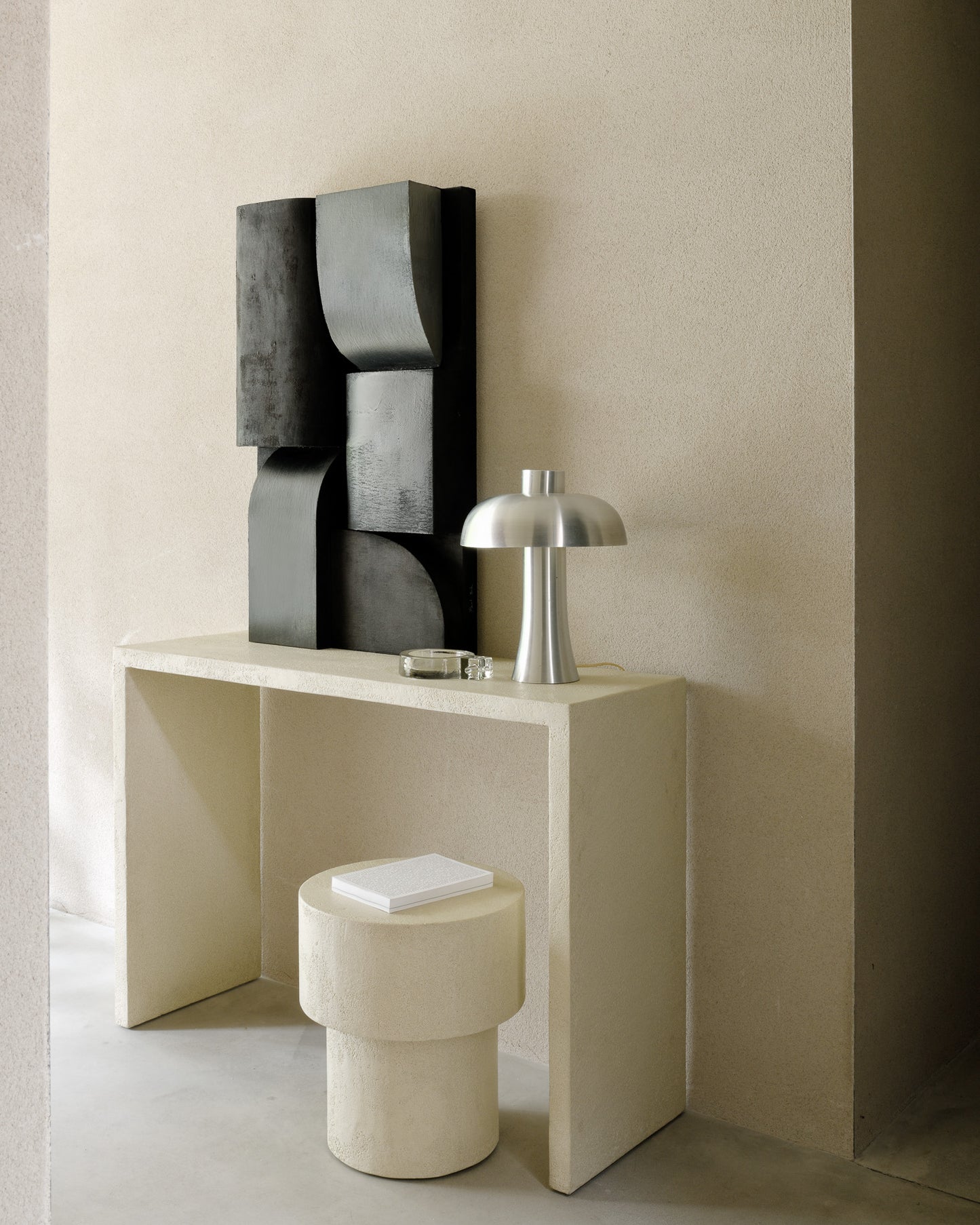 Elements-console-microcement-off-white-Elements-side-table-microcement-mushroom-shape-off-white-Goode-Studio