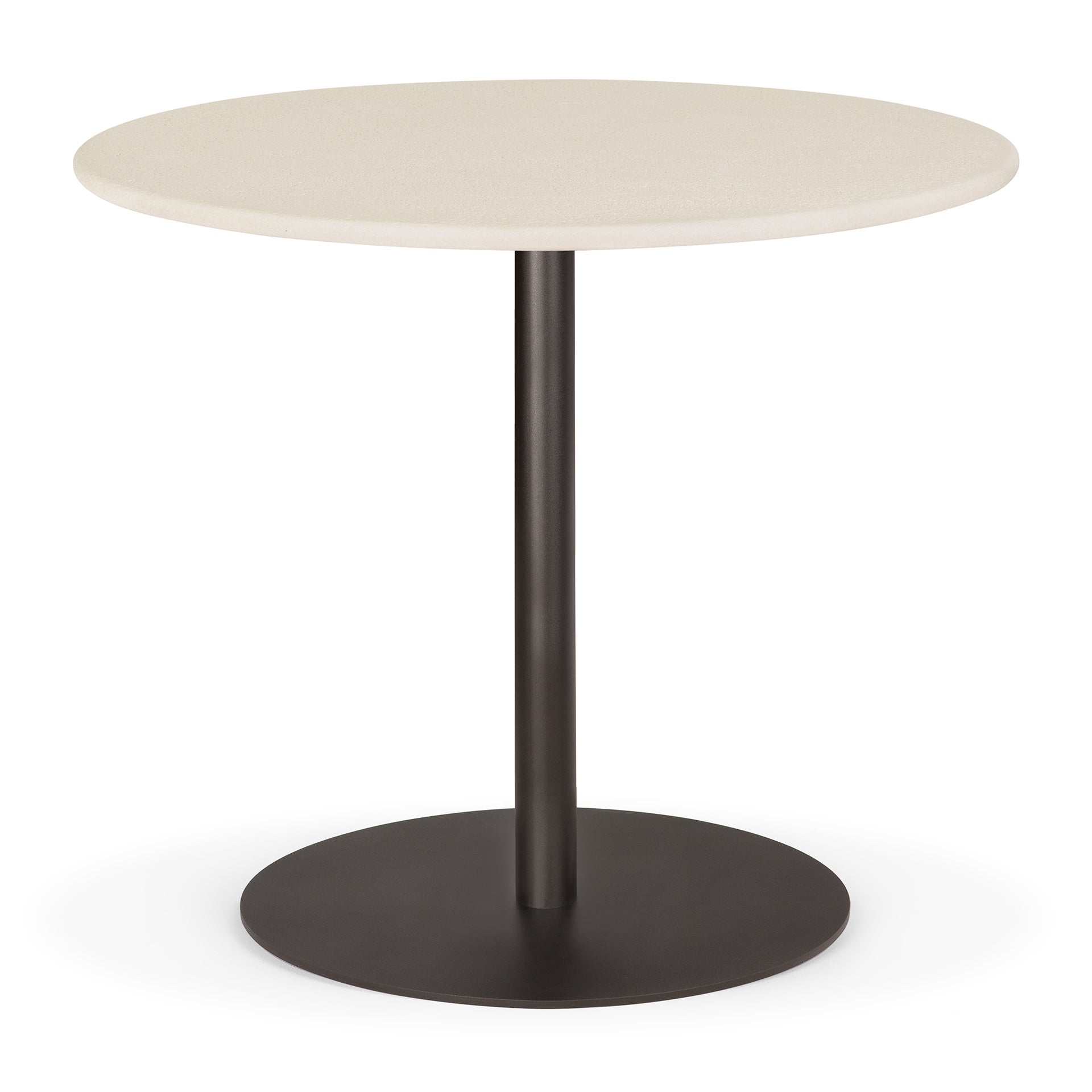 Blend-dining-table-varnished-Microcement-Off-White-top-round-with-base-metal-Dark-Bronzefront-cut-Goode-Studio