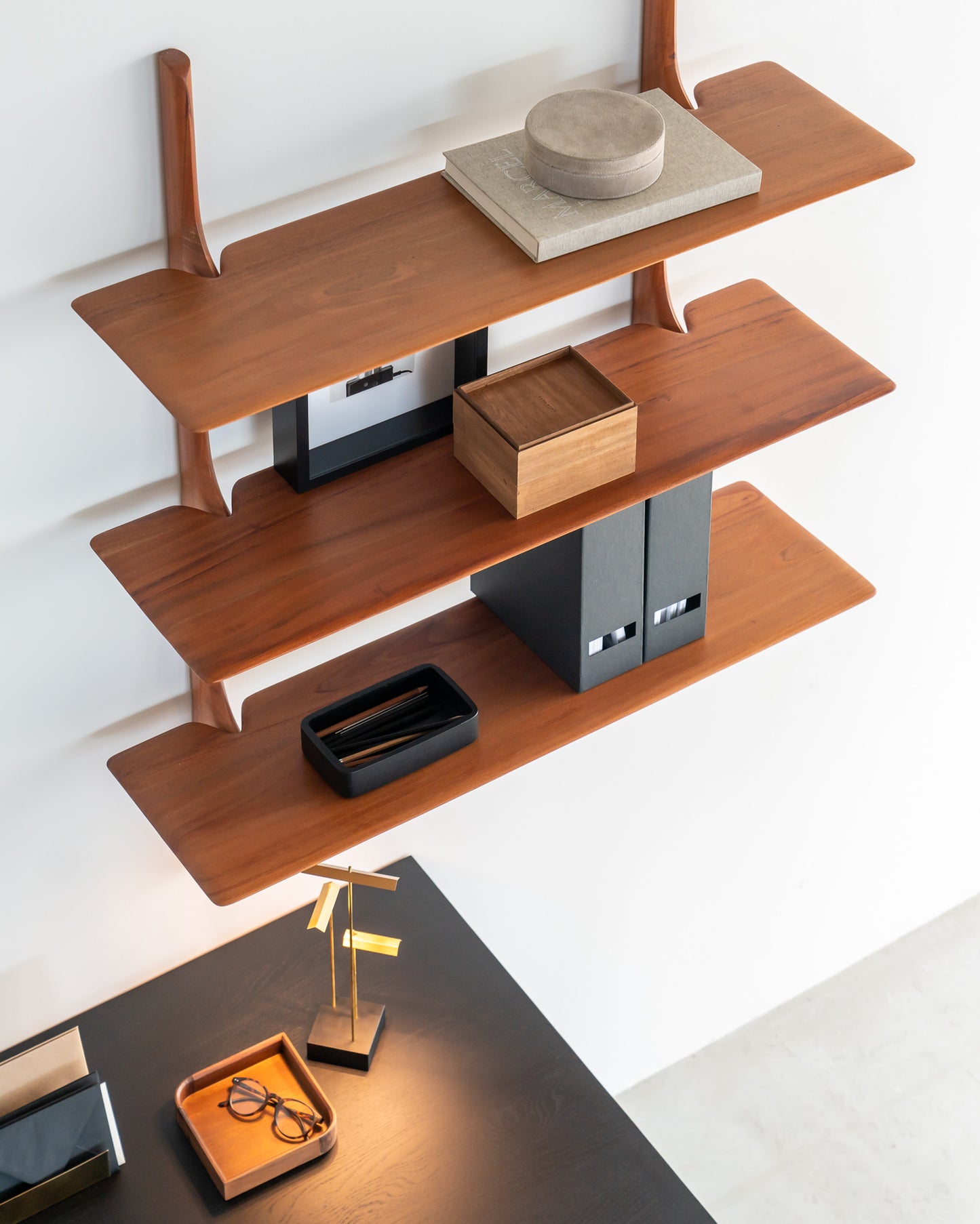 Mahogany-PI-wall-shelf-3shelves-Oak-U-black-desk-Goode-Studio
