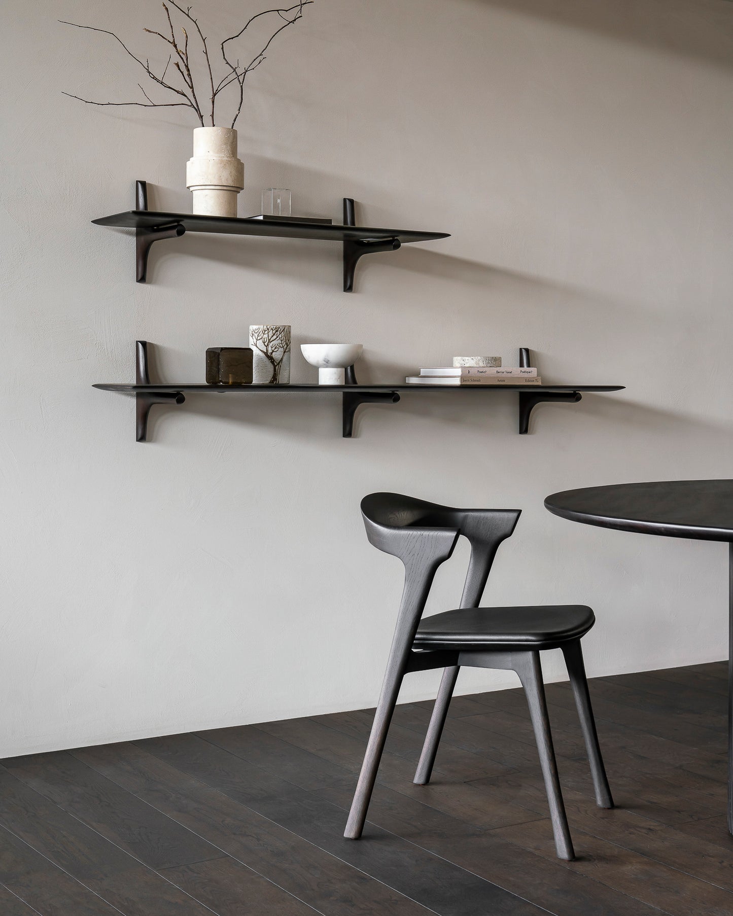 PI-wall-shelf-Bok-dining-chair-black-leather-Roller-Max-dining-table-Goode-Studio