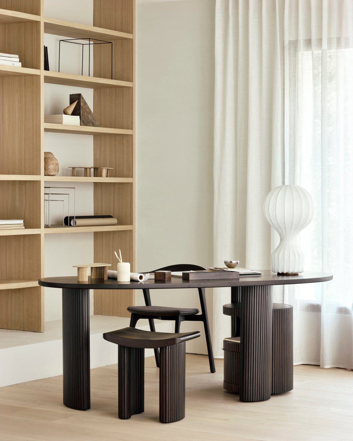 Boomerang-desk-Boomerang-drawer-unit-Bok-chair-warm-brown-fabric-Roller-Max-stool-Goode-Studio