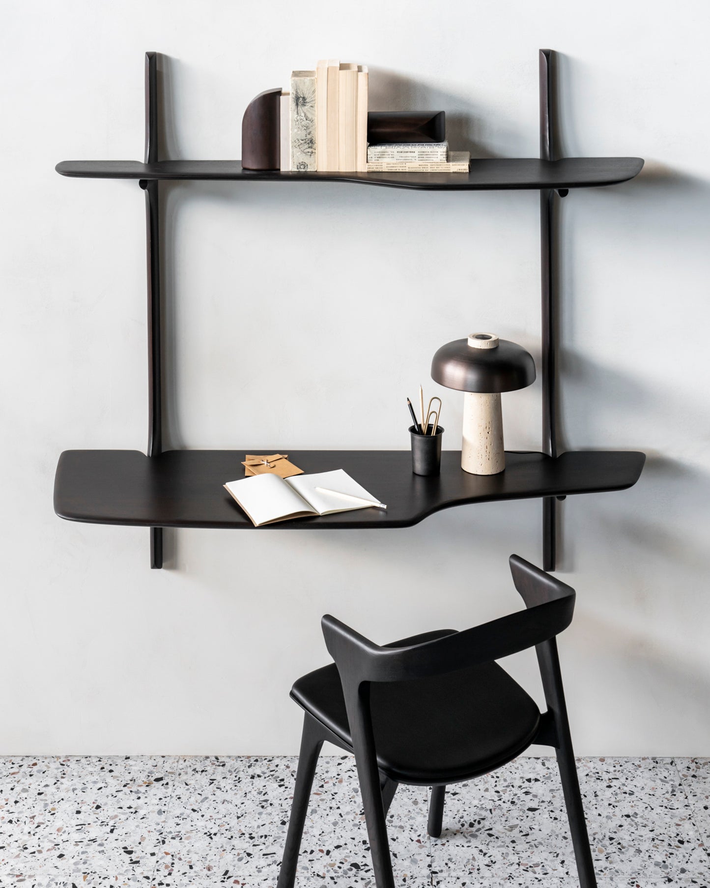 PI-wall-mounted-desk-varnished-mahogany-dark-brown-Bok-dining-chair-oak-black-PI-book-ends-Goode-Studio