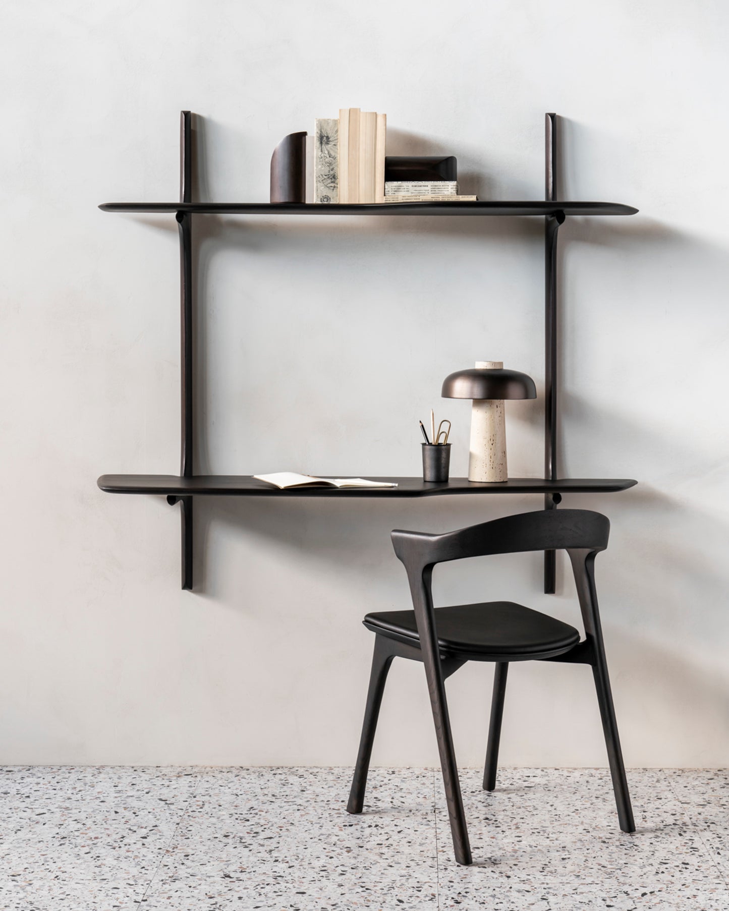 PI-wall-mounted-desk--varnished-mahogany--dark-brown-Bok-dining-chair-oak-black-29780-PI-book-ends-Goode-Studio