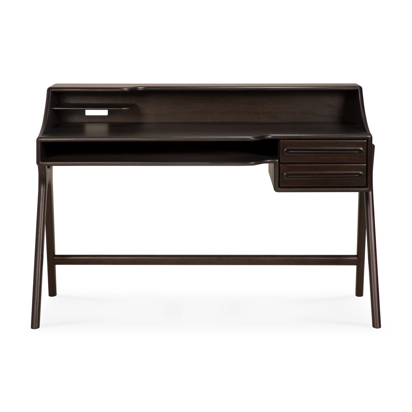 Flow desk-varnished-mahogany-Rose-Brown-2-drawers-rectangular-front-cut-Goode-Studio