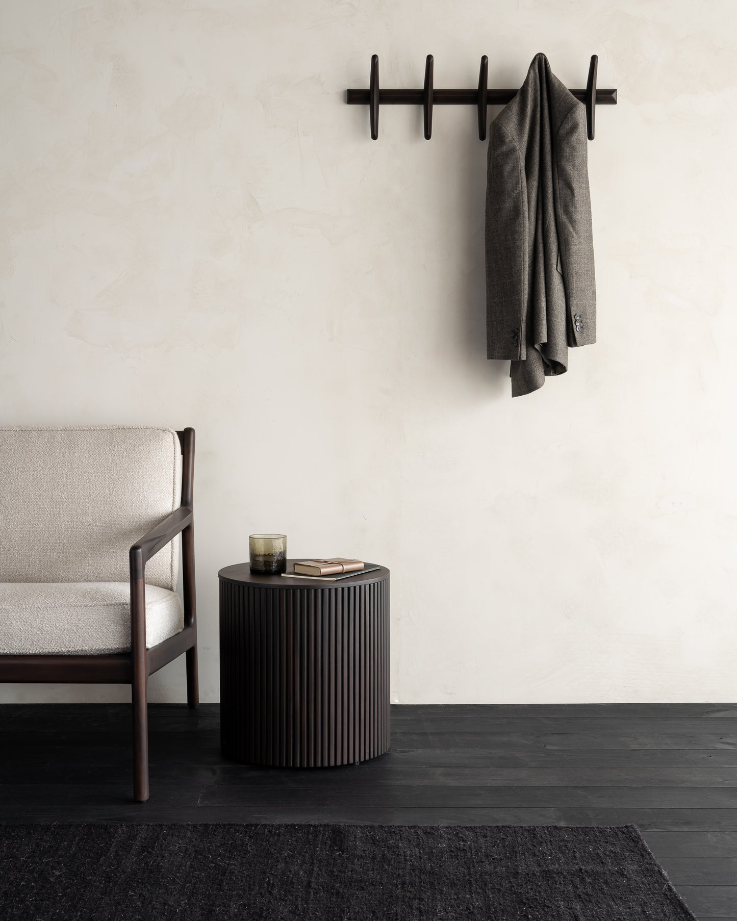 Jack-lounge-chair-Roller-Max-side-table-PI-wall-coat-rack-Nomad-kilim-rug-Goode-Studio