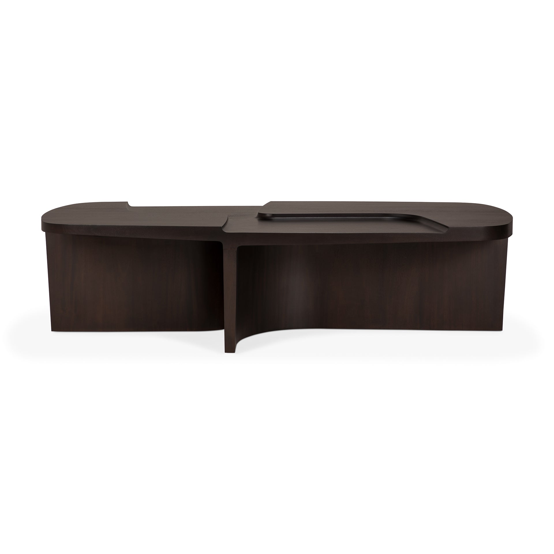 Brutalist-coffee-table-varnished-mahogany-Rose-Brown-rectangular-front-cut-Goode-Studio