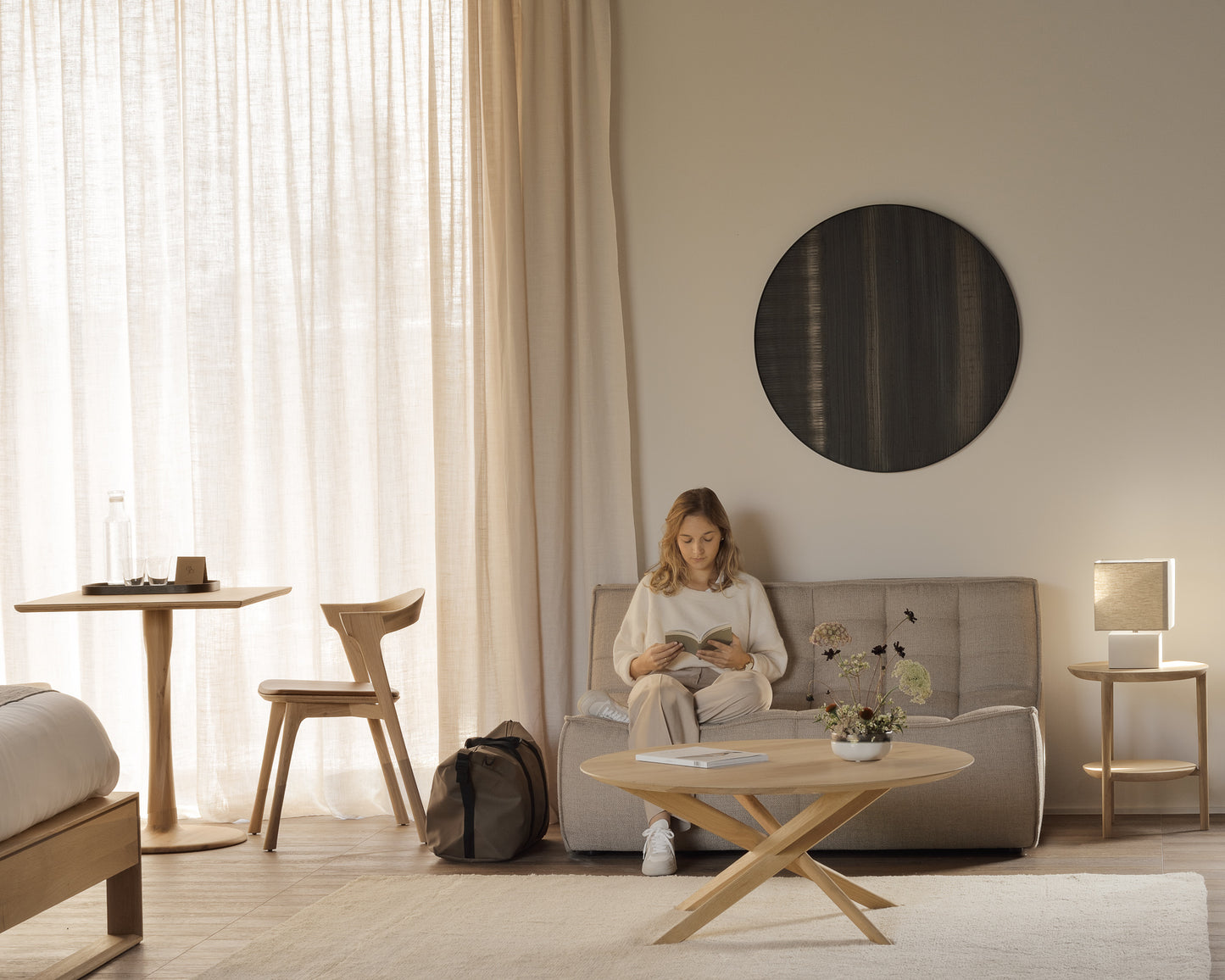 Torsion-table-Bok-chair-leather-Nordic-bed-N701-sofa-Mikado-coffee-table-Dunes-rug-Layered-wall-art-Bok-side-table-Goode-Studio