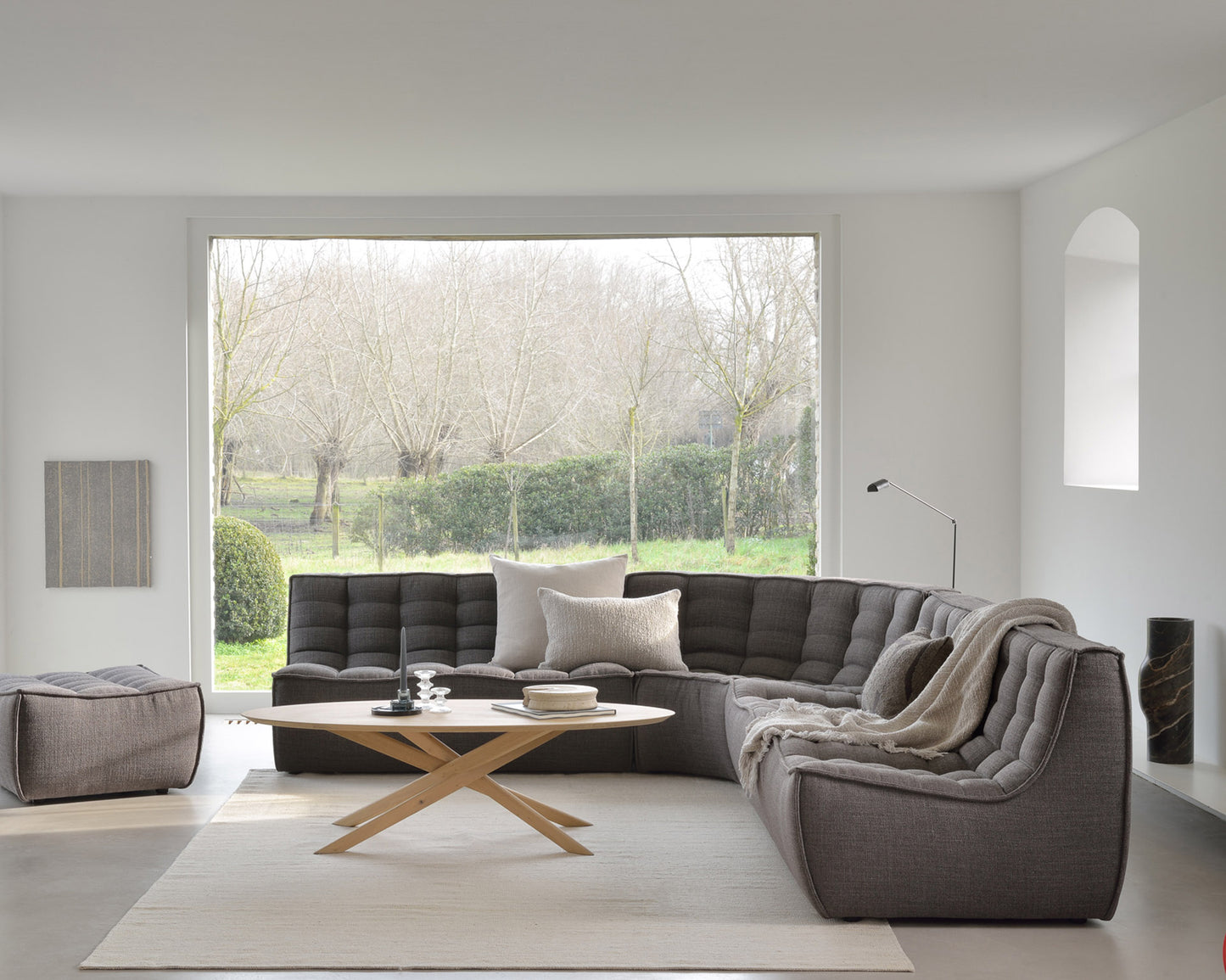 Oak-Mikado-coffee-table-N701-sofa-roundcorner-N701-Sand-Nomad-kilim-rug-throw-cushions-Goode-Studio