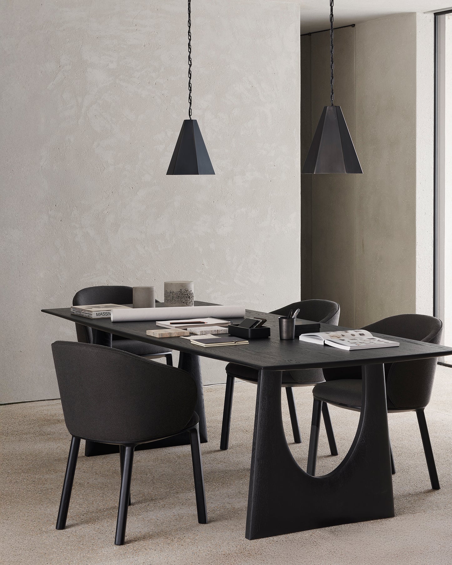 Unda-dining-chair-varnished-oak-Charcoal-fabric-Geometric-dining-table-varnished-oak-black-office-Goode-Studio