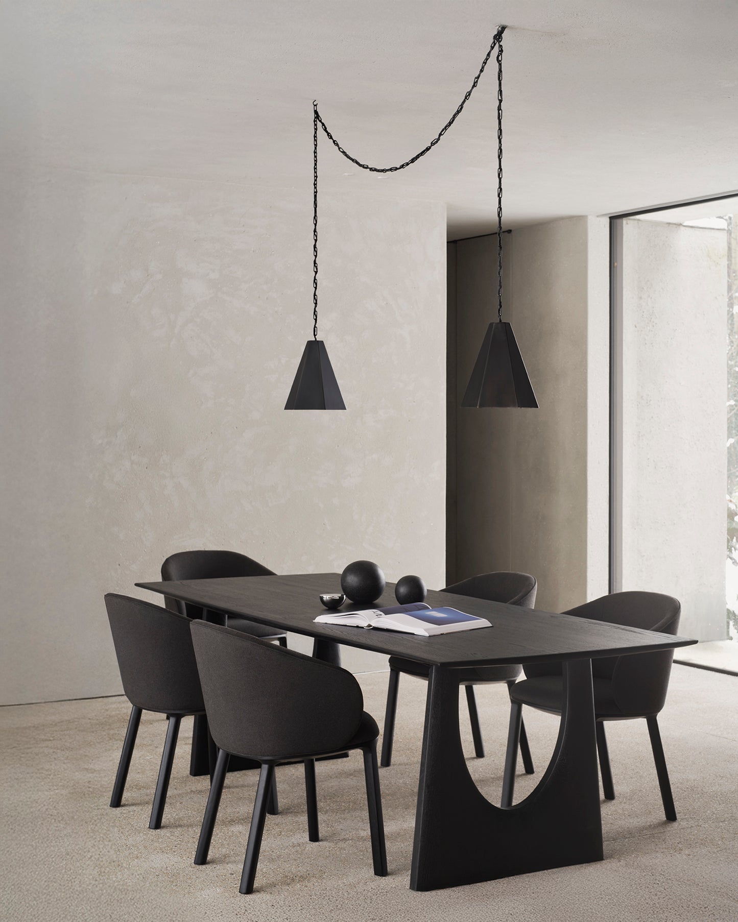 Unda-dining-chair-varnished-oak-Charcoal-fabric-Geometric-dining-table-varnished-oak-black-Goode-Studio
