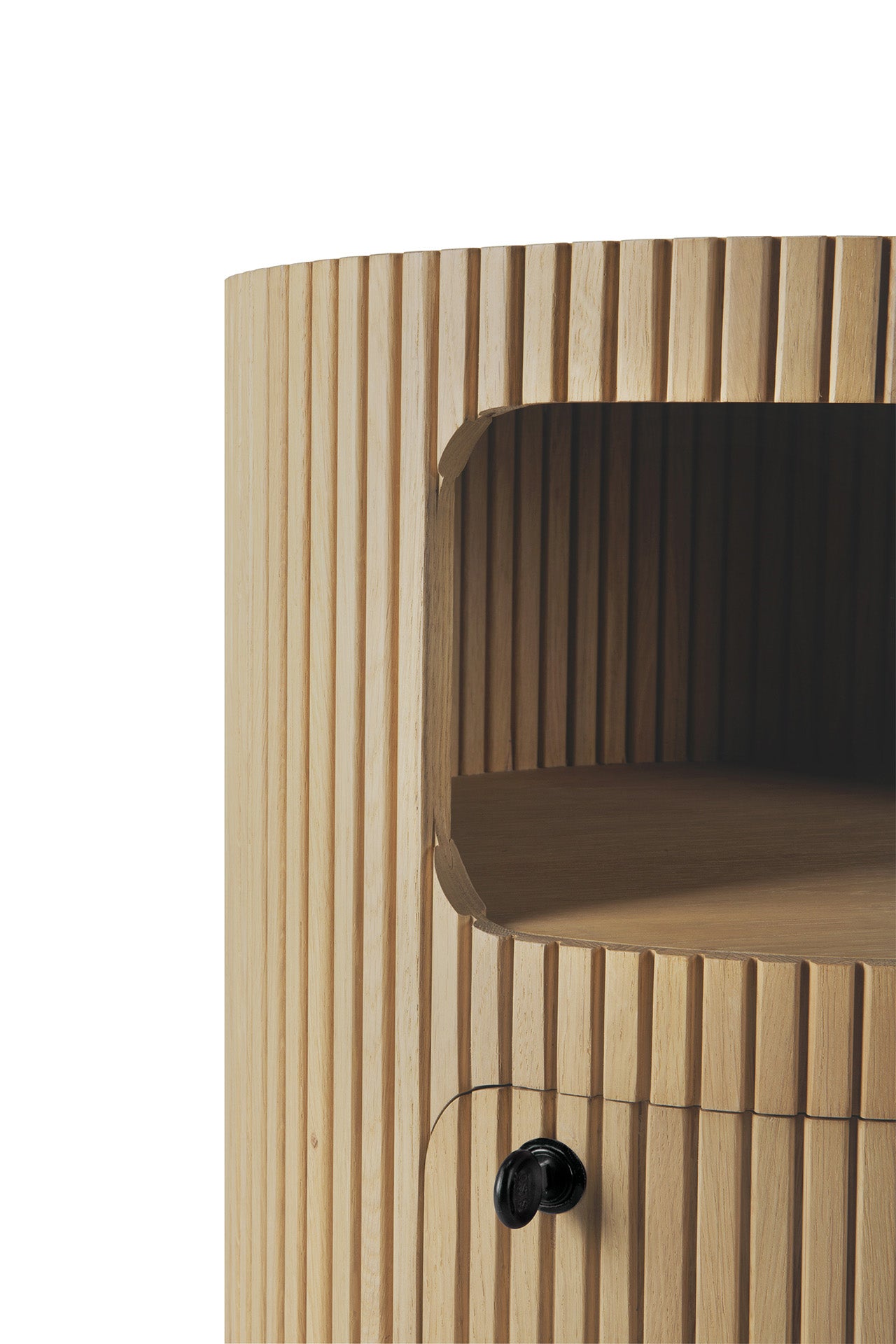 Boomerang drawer unit in oak with one drawer and keylock by Goode Studio