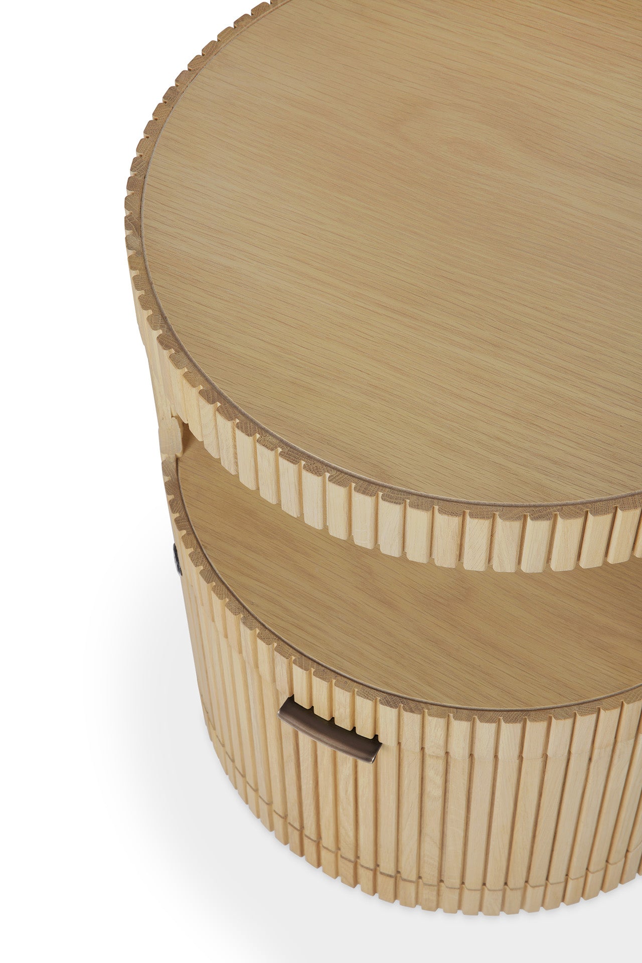 Boomerang drawer unit in oak with one drawer and keylock by Goode Studio