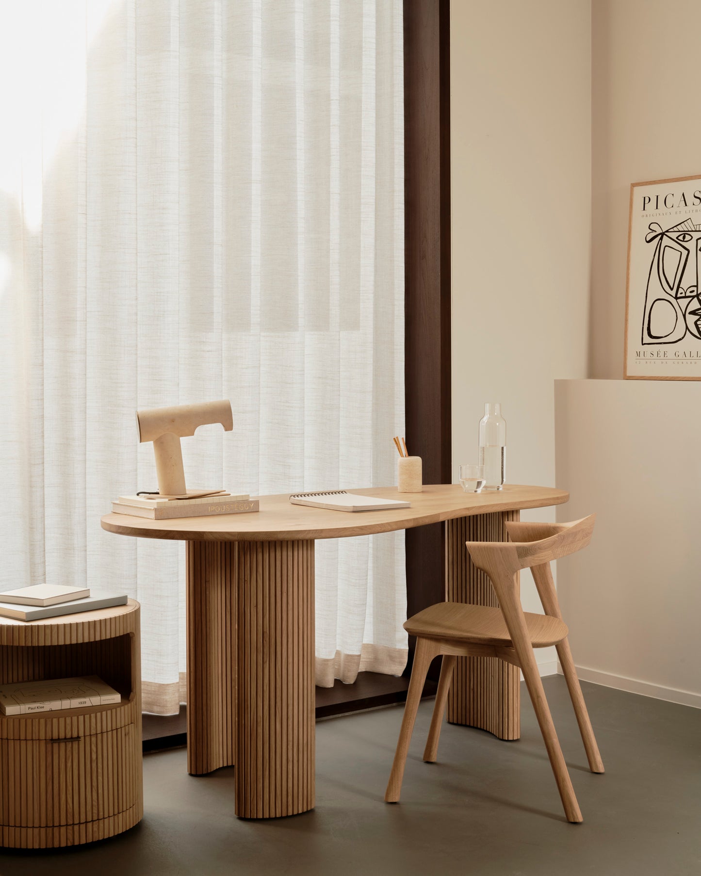 Boomerang drawer unit and Boomerang desk in oak with Bok dining chair in oak by Goode Studio
