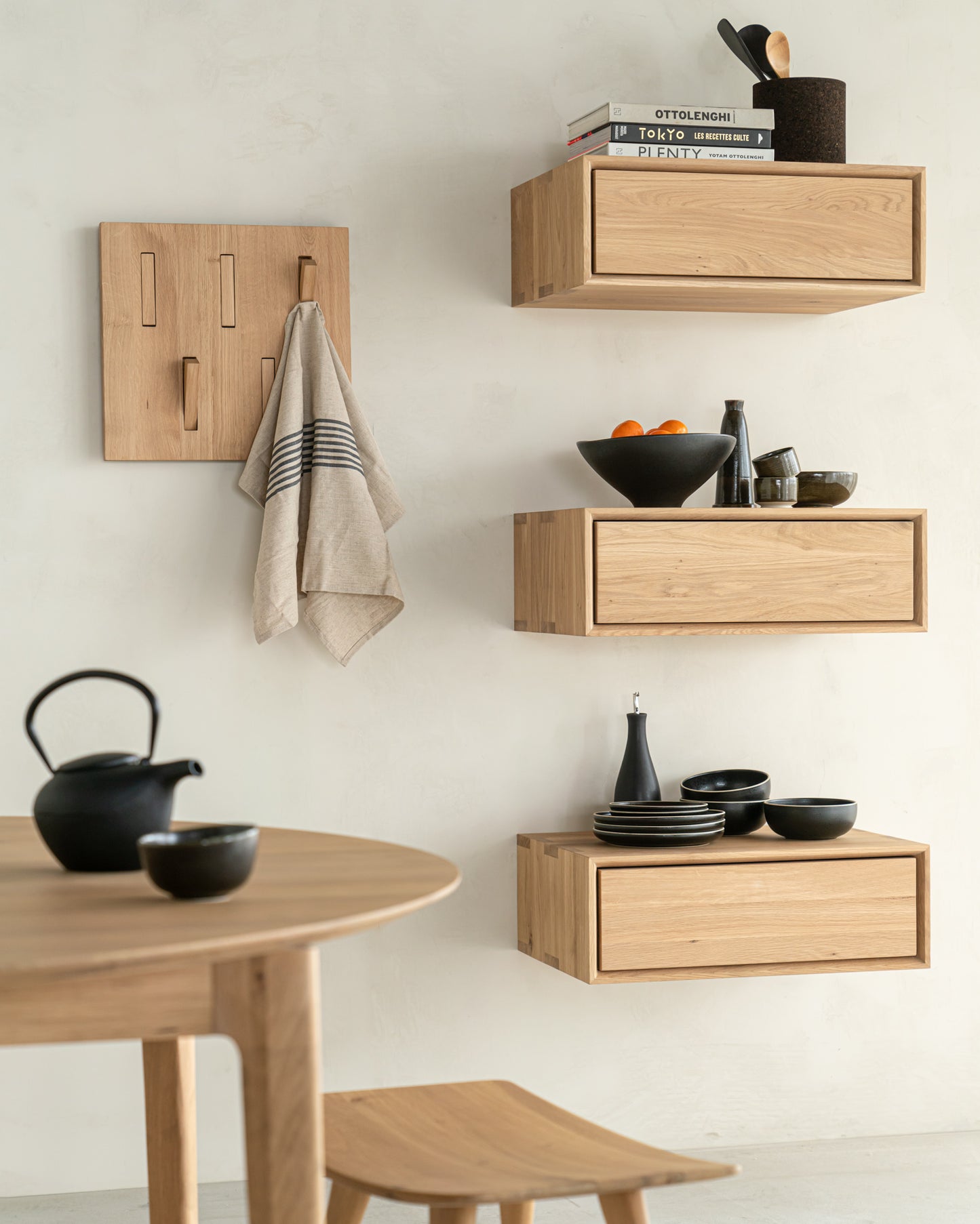 Minimalist oak bedside table for contemporary bedroom

