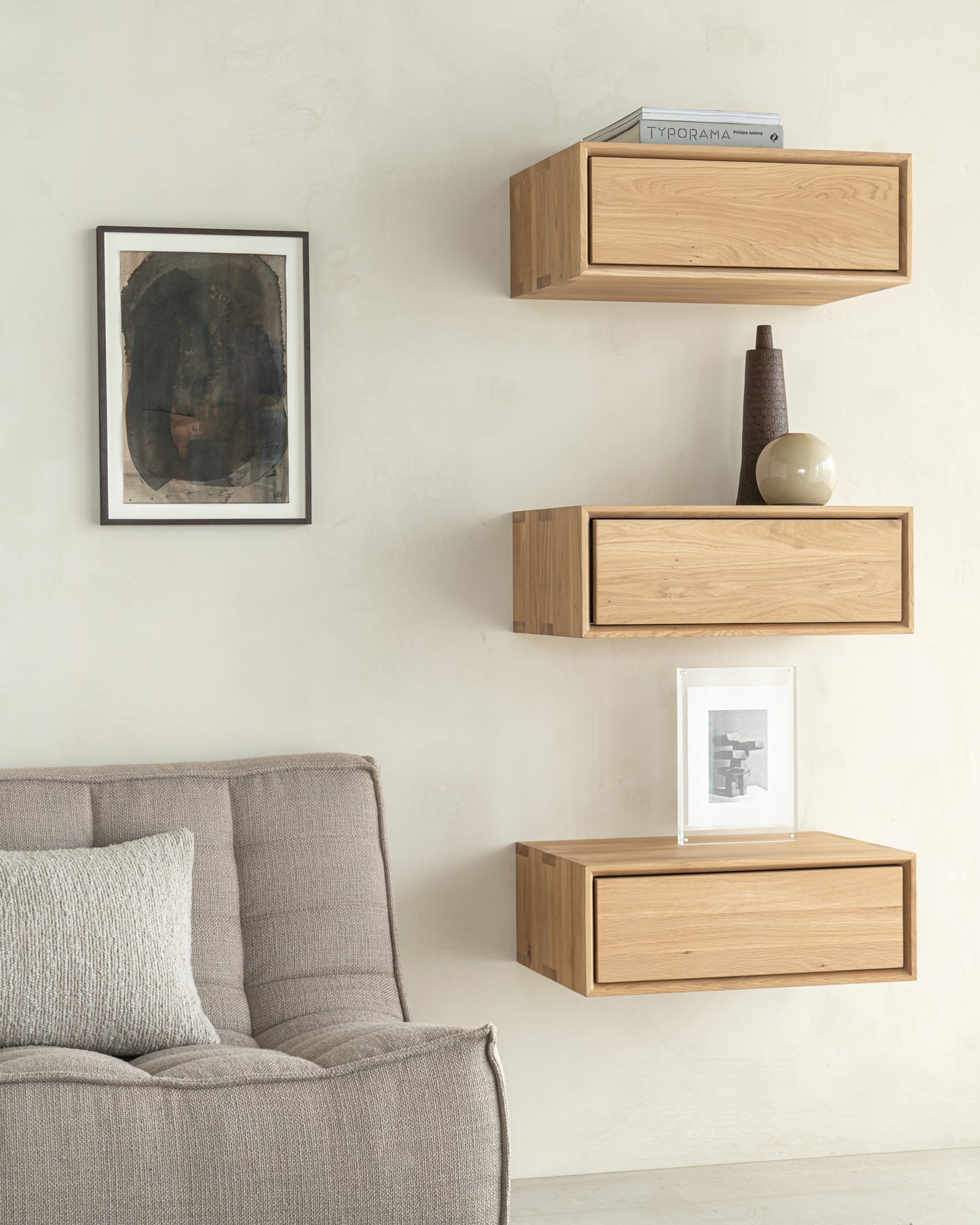 Natural oak floating nightstand with drawer storage
