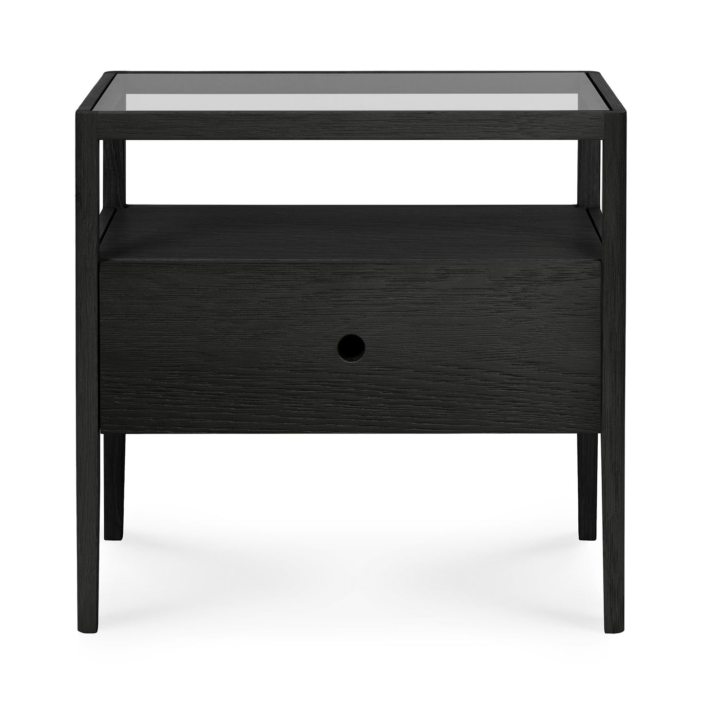 Spindle bedside table with tempered glass drawer support
