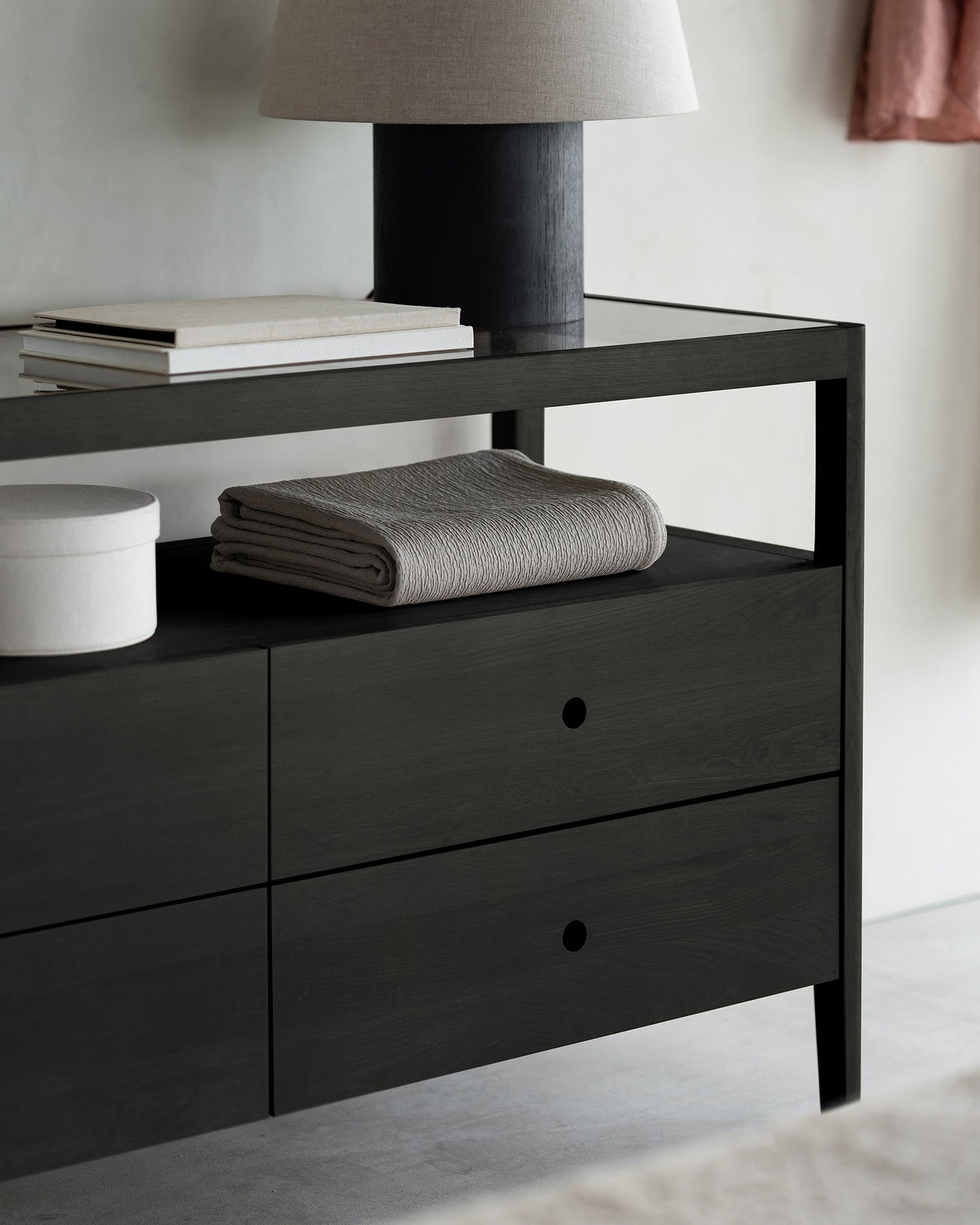 Spindle-dresser-varnished-oak-black-4-drawers-Goode-Studio