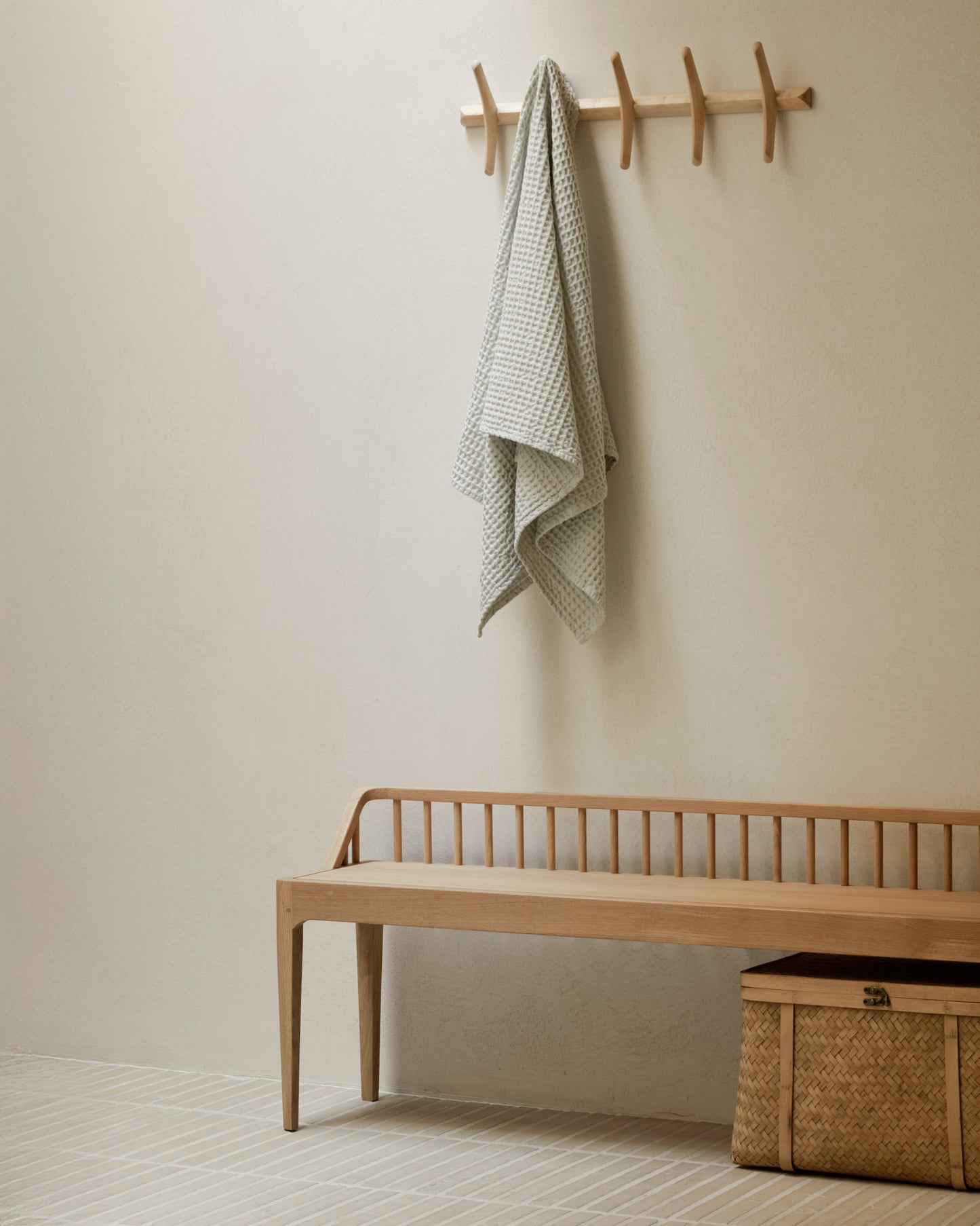 Spindle bench in oak with PI wall coat rack in sycamore by Goode Studio