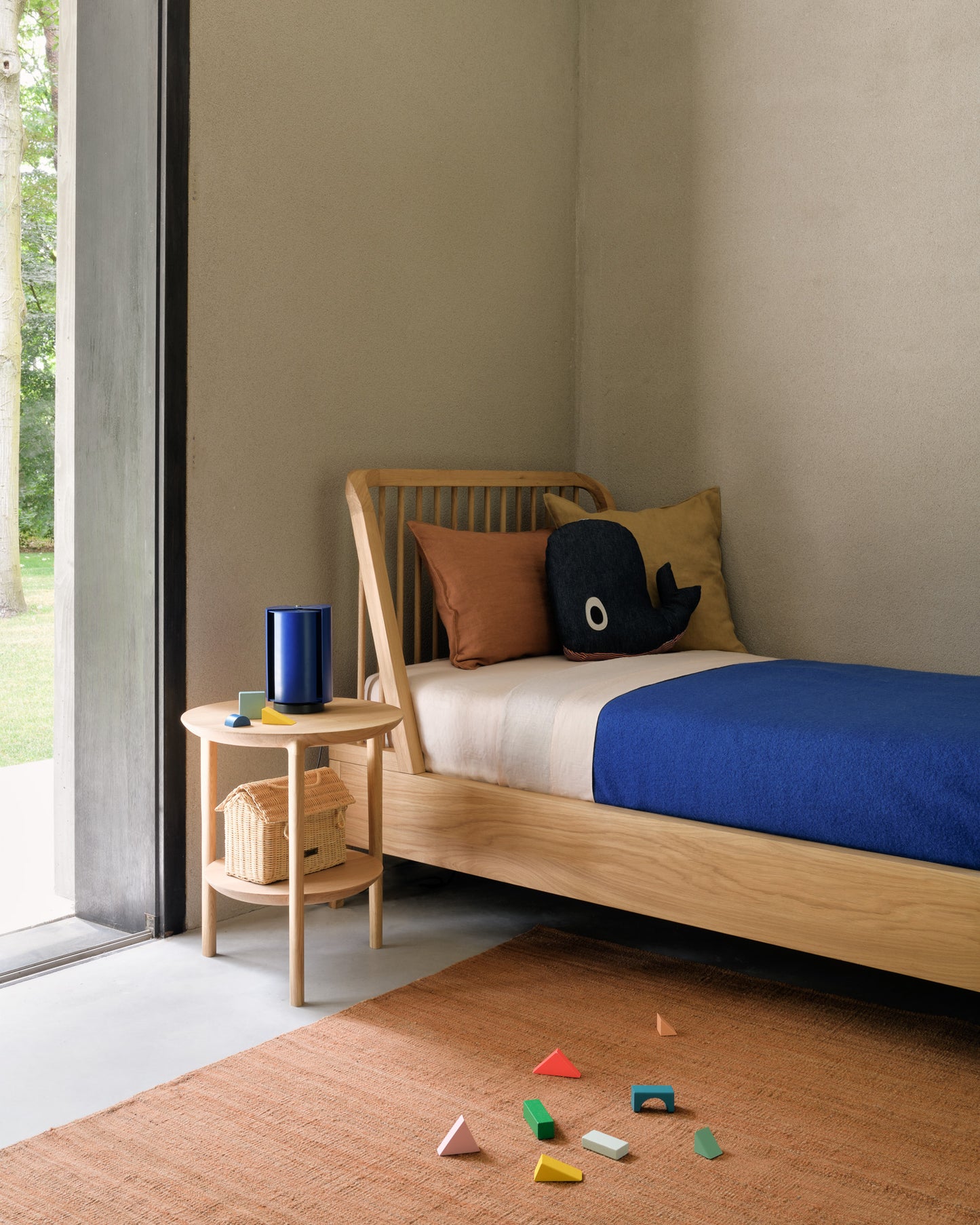 Spindle-bed-90cm-Bok-side-table-Nomad-kilim-rug-Goode-Studio