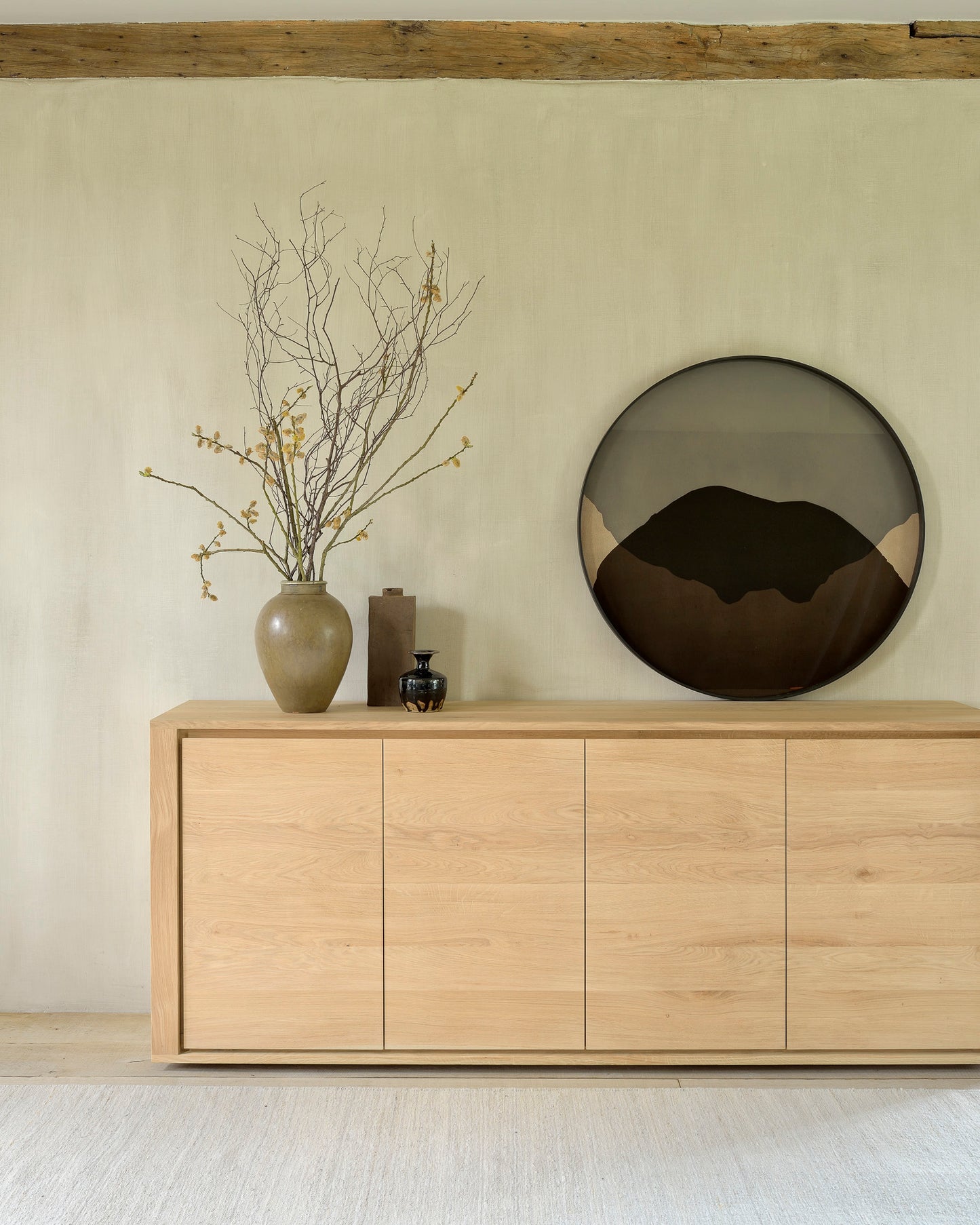 Oak-Shadow-sideboard-Sand-Nomad-kilim-rug-Graphite-Combined-Dots-glass-tray-Goode-Studio
