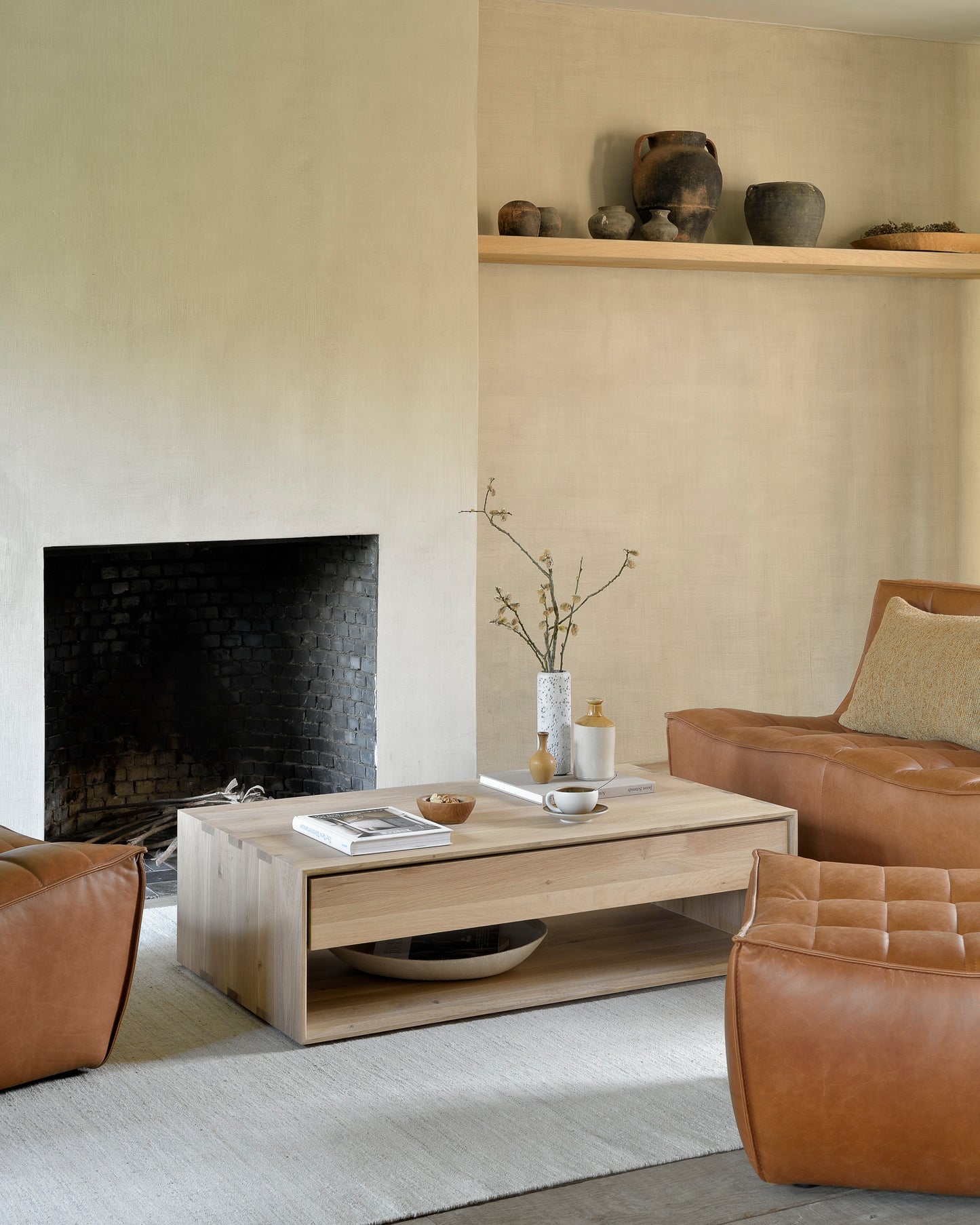 Oak-Nordic-coffee-table-N701-sofa-2-seater-old-saddle-N701-sofa-footstool-old-saddle-Camel-Nomad-throw-Sand-Nomad-kilim-rug-Goode-Studio