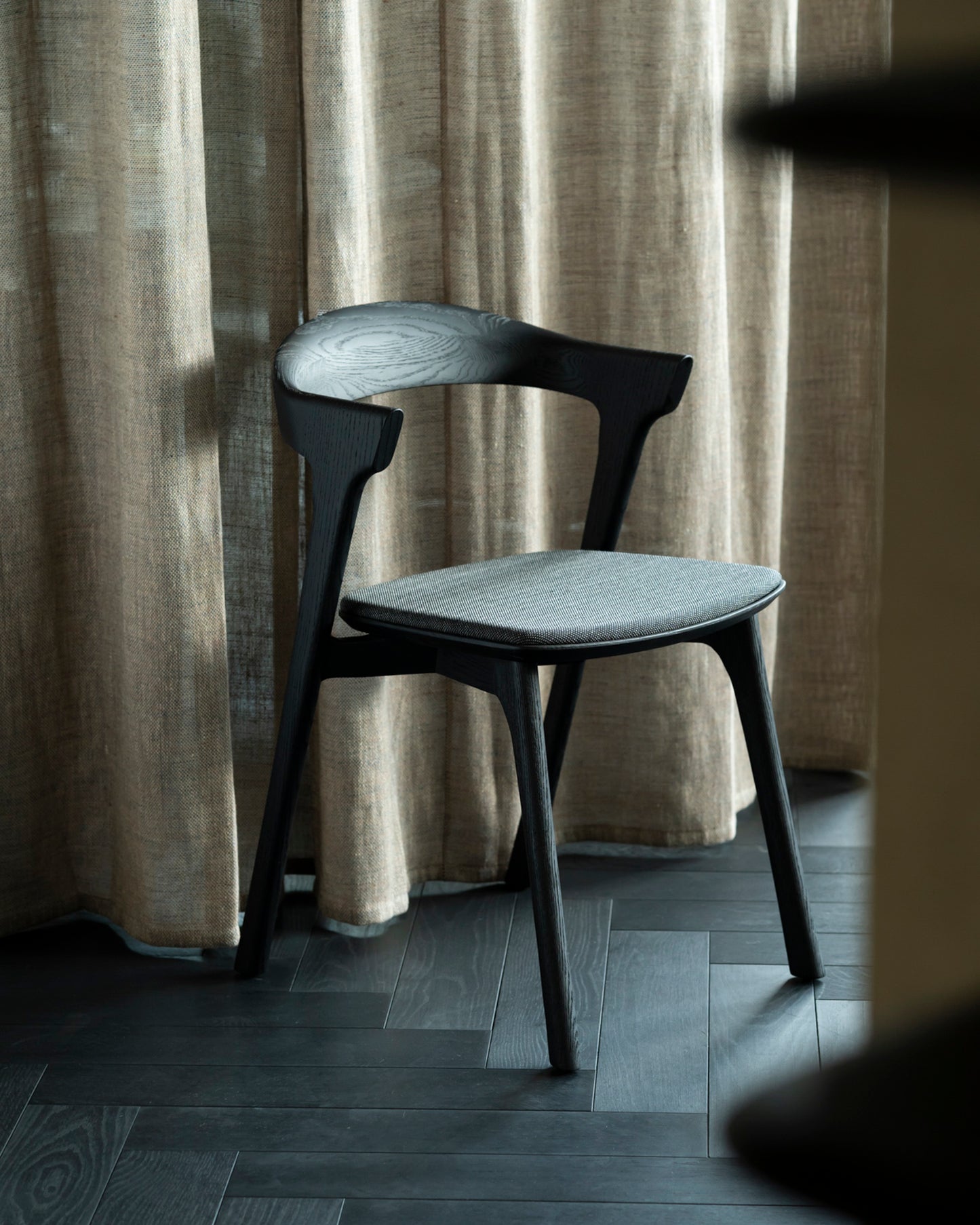 Bok-dining-chair-varnished-oak-black-Soft-Black-fabric-Goode-Studio
