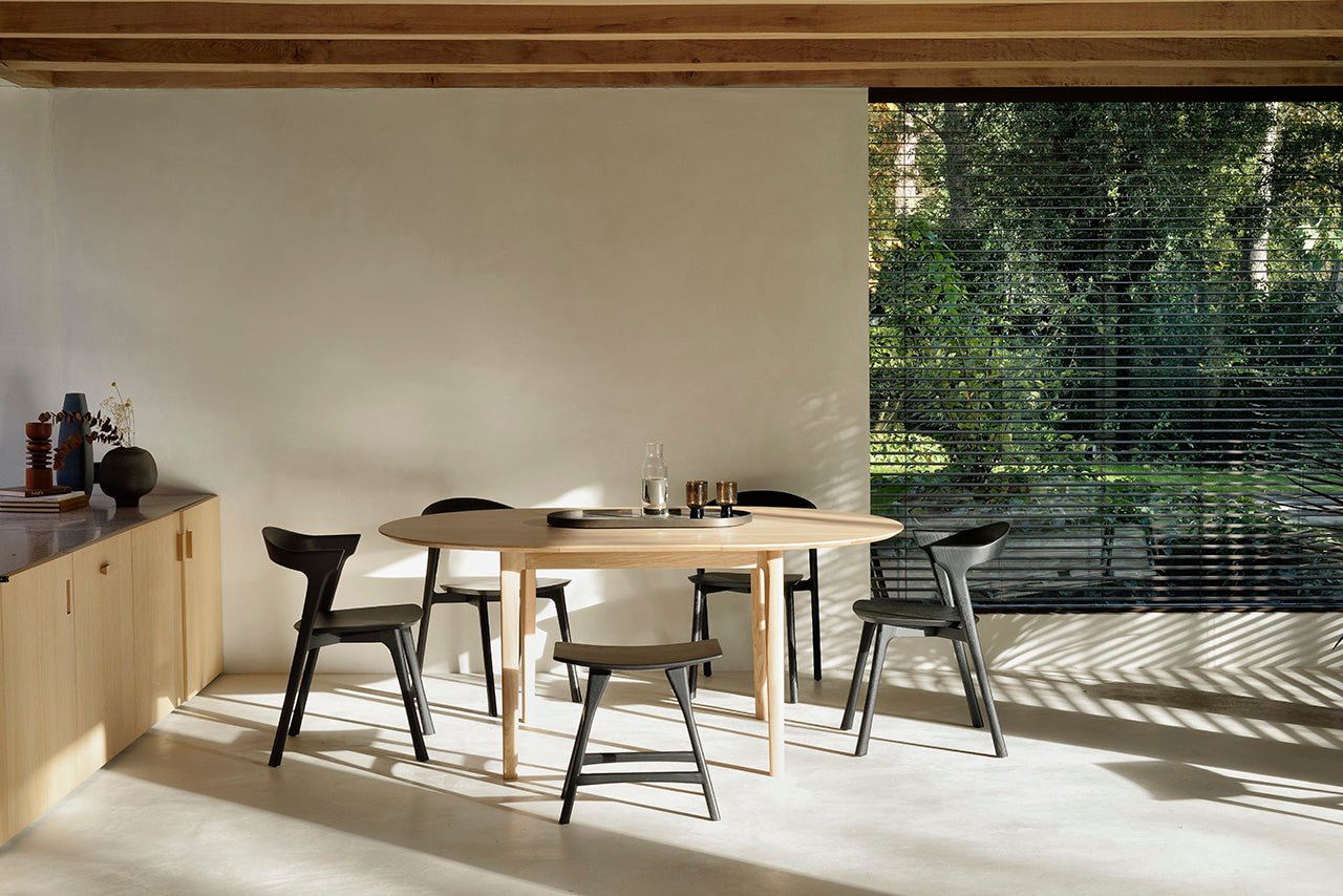Oak-Bok-round-extendable-dining-table-Oak-Bok-black-chair-Oak-Osso-black-stool-Goode-Studio