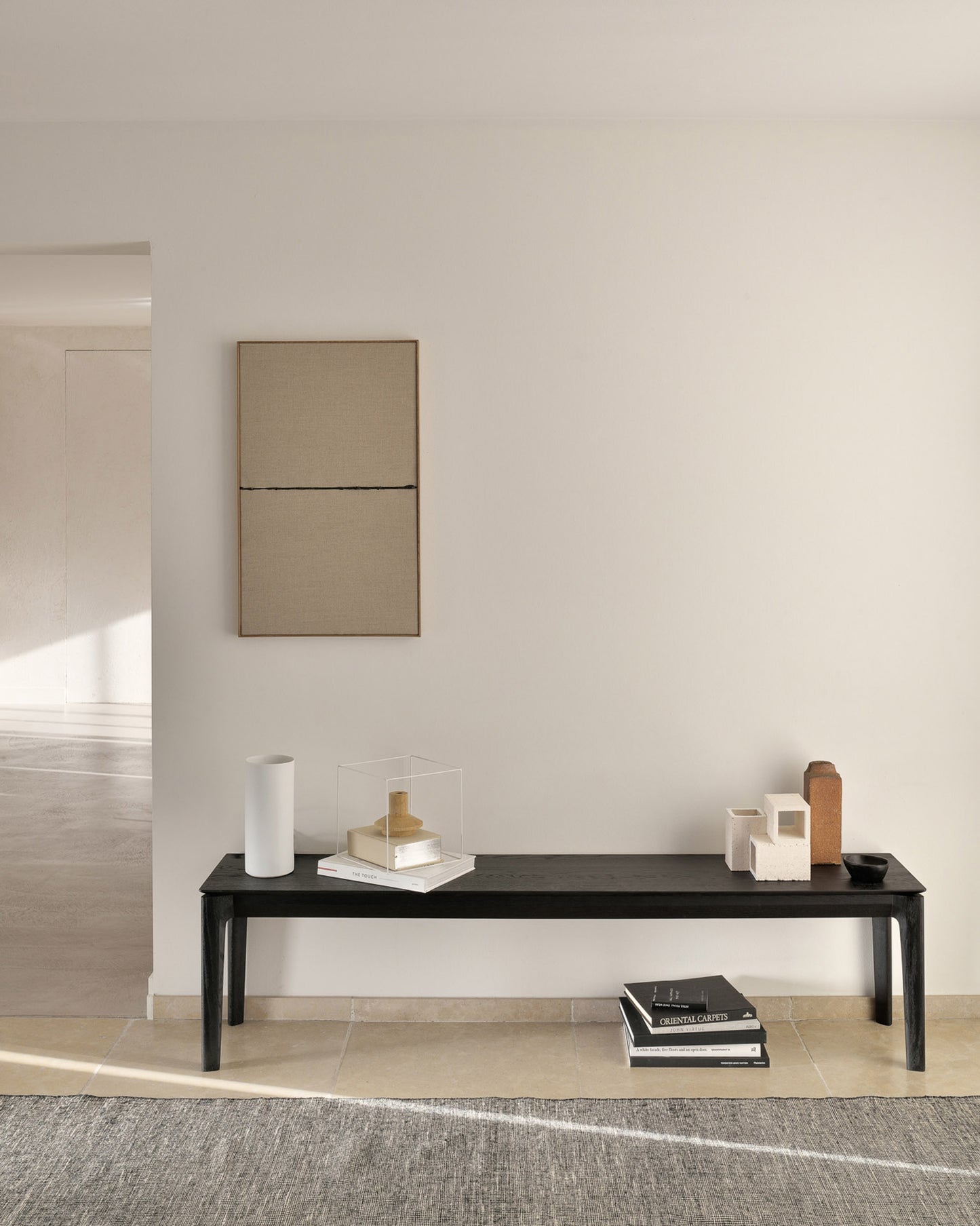 Oak-Bok-black-bench-Black-Dots-kilim-rug-Goode-Studio