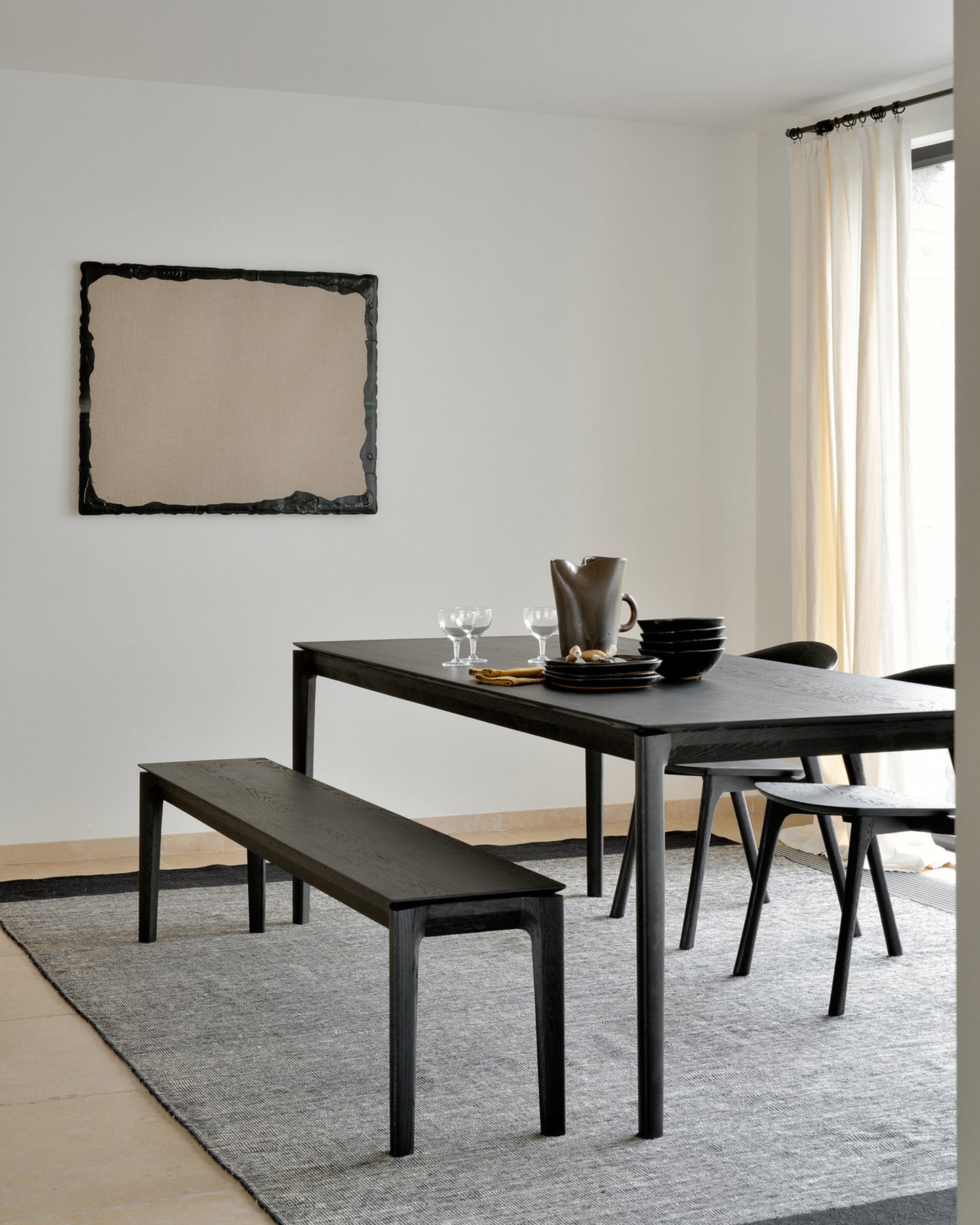 Oak-Bok-black-bench-Oak-Bok-black-dining-table-Oak-Bok-black-chair-Black-Dots-kilim-rug-Goode-Studio