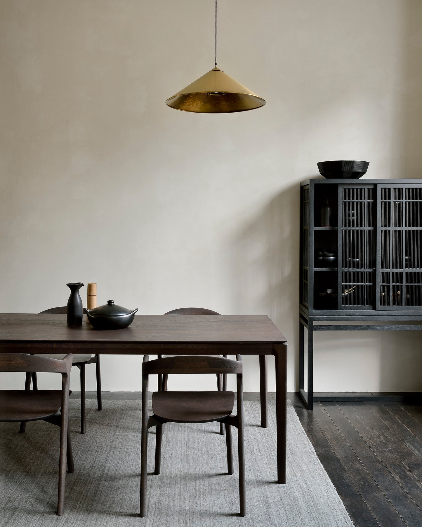 Oak-Bok-brown-dining-chair-Oak-Bok-brown-dining-table-Grey-Nomad-kilim-rug-Black-Striped-bowl-1-Goode-Studio