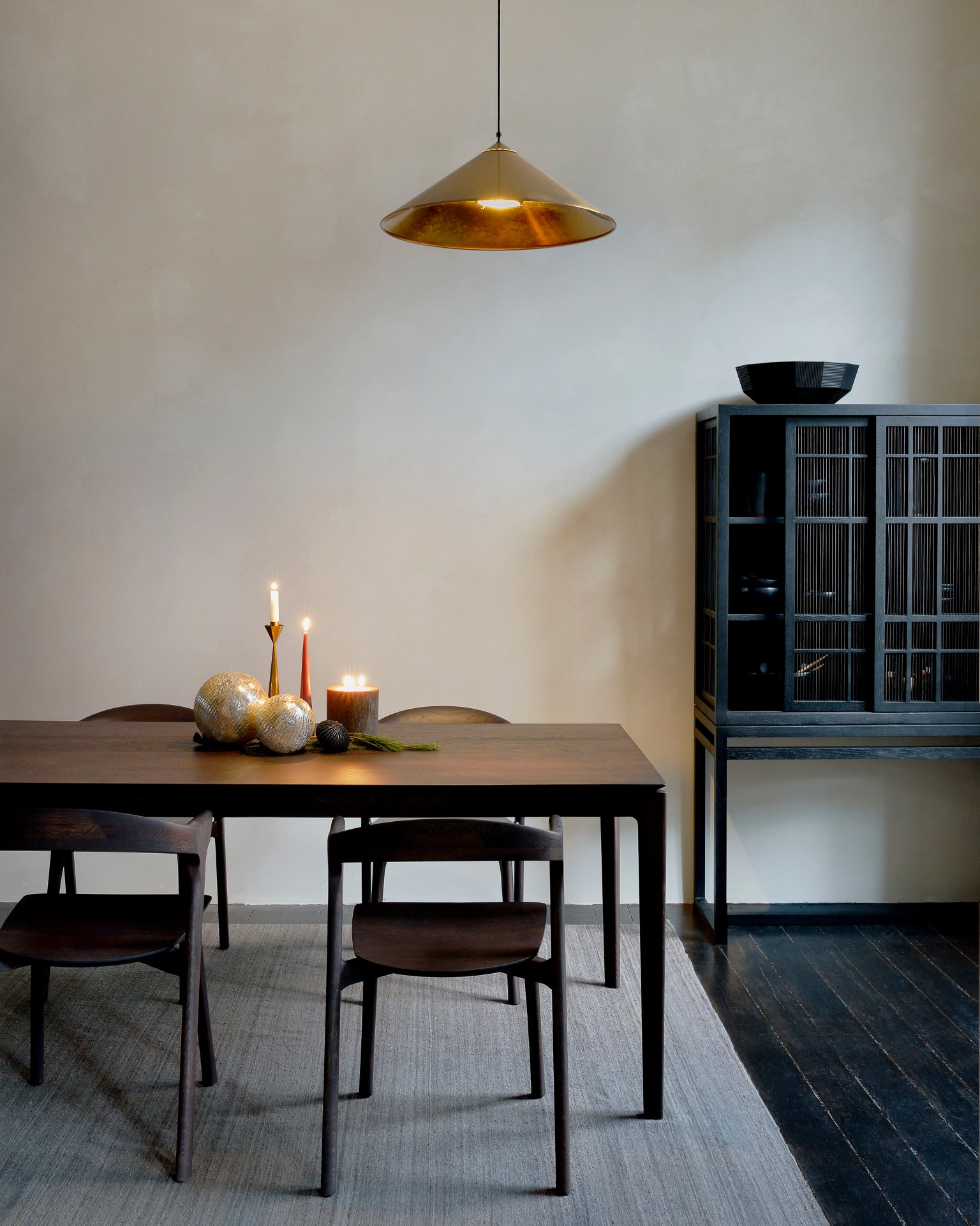 Oak-Bok-brown-dining-chair-Oak-Bok-brown-dining-table-Grey-Nomad-kilim-rug-Black-Striped-bowl-2-Goode-Studio