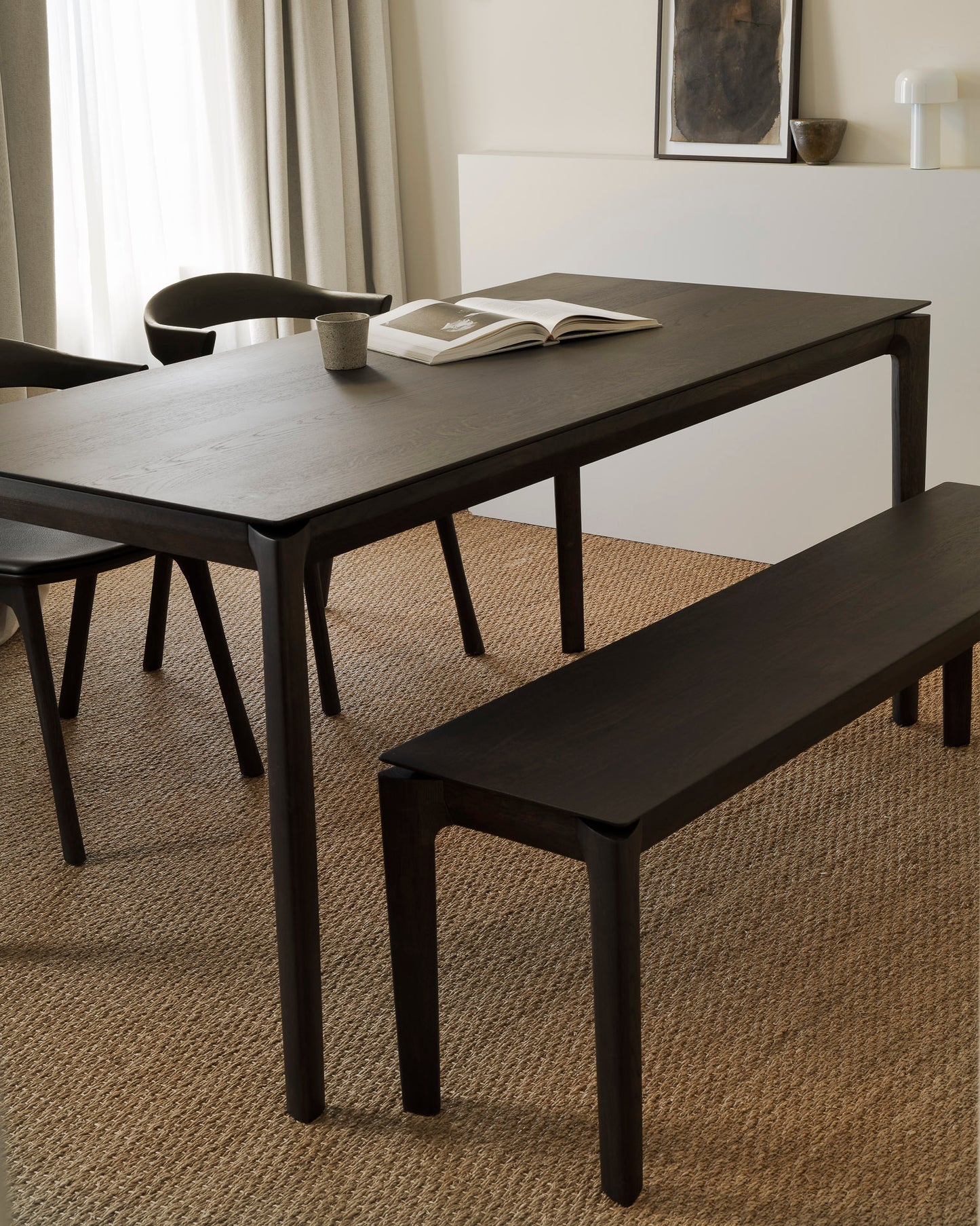 Modern Scandinavian oak brown dining table sculptural base
