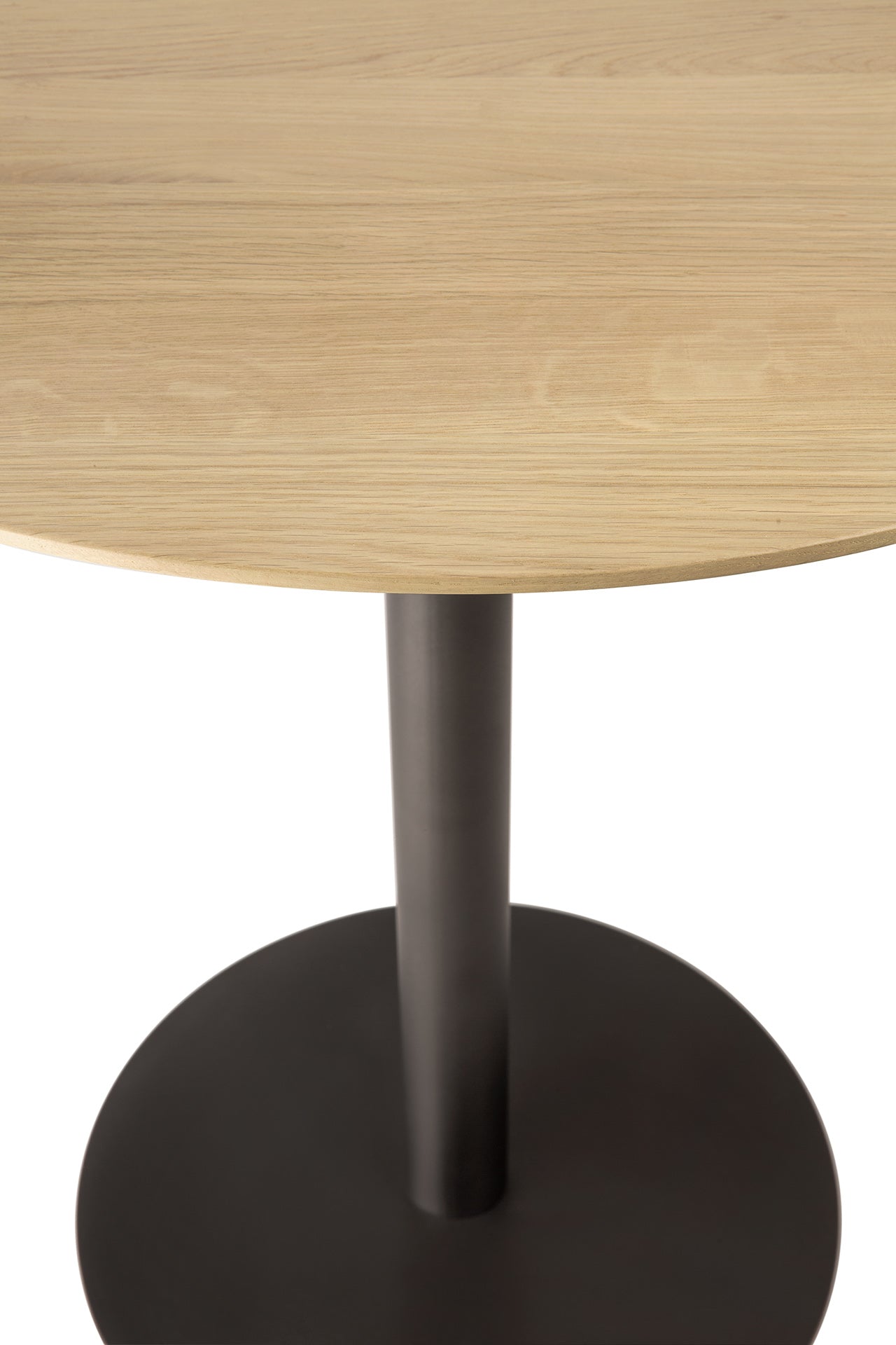 Wooden table top with a black metal base.