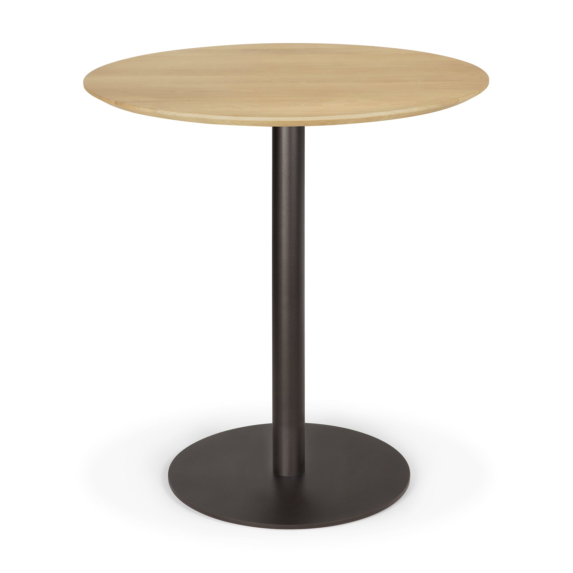 Blend-dining-table-top-varnished-oak-round-with-base-metal-dark-bronze-front-cut-Goode-Studio