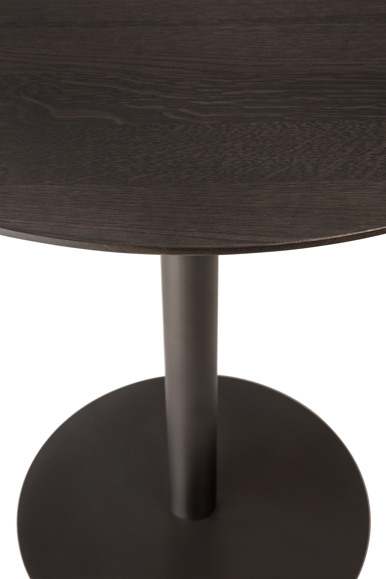 Round wooden table with a dark finish on a white background