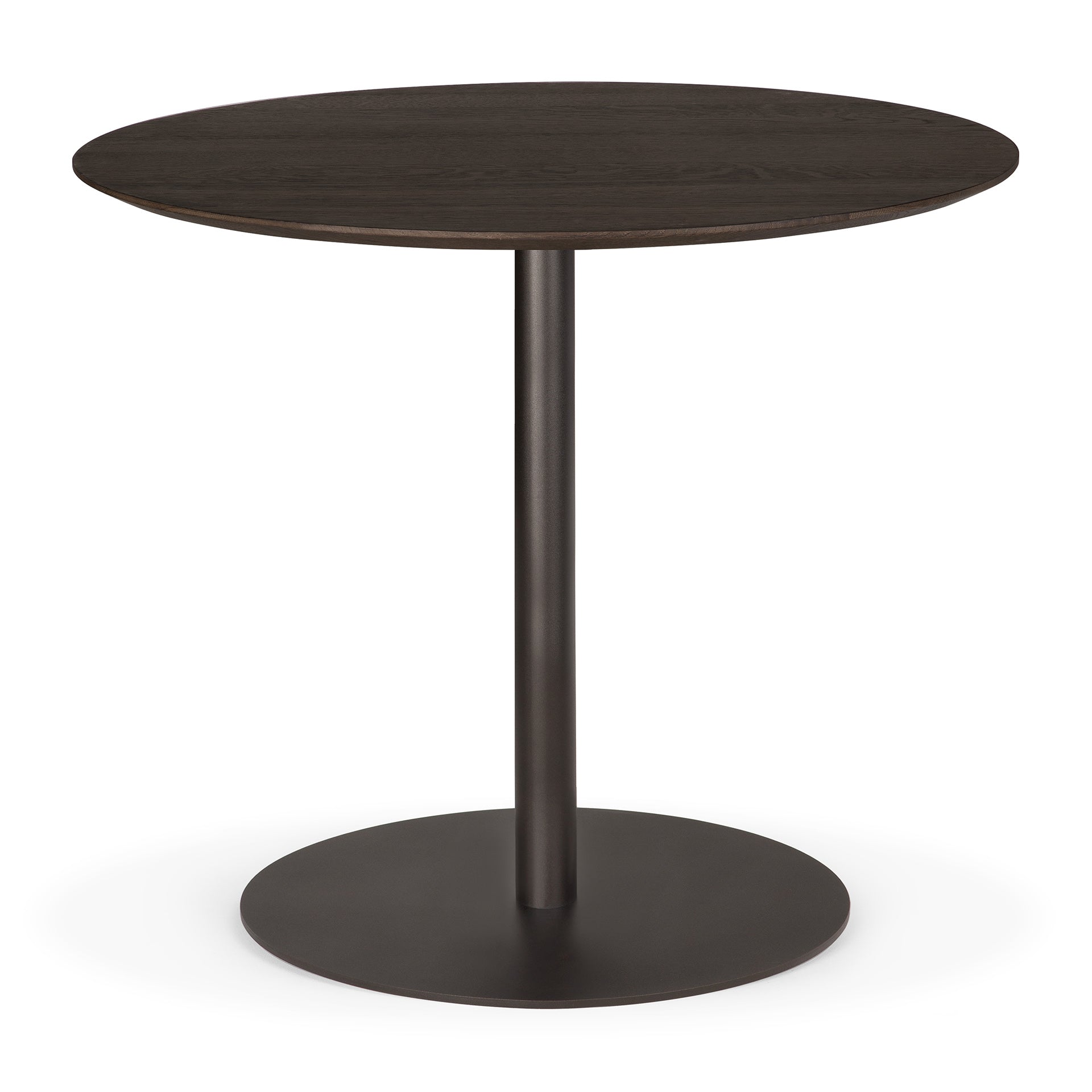 Blend-dining-table-varnished-oak-Brown-top-round-with-base-metal-Dark-Bronze-front-cut-Goode-Studio