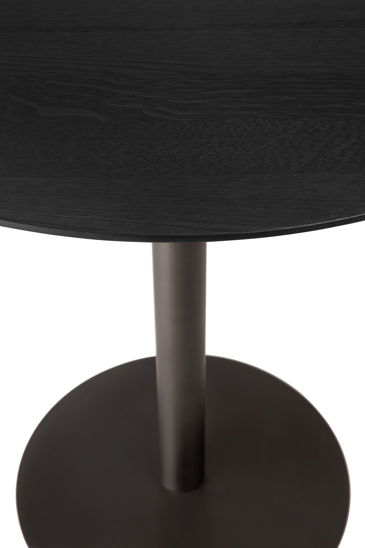 Blend-dining-table-varnished-oak-Black-top-round-with-base-metal-dark-bronze-Goode-Studio