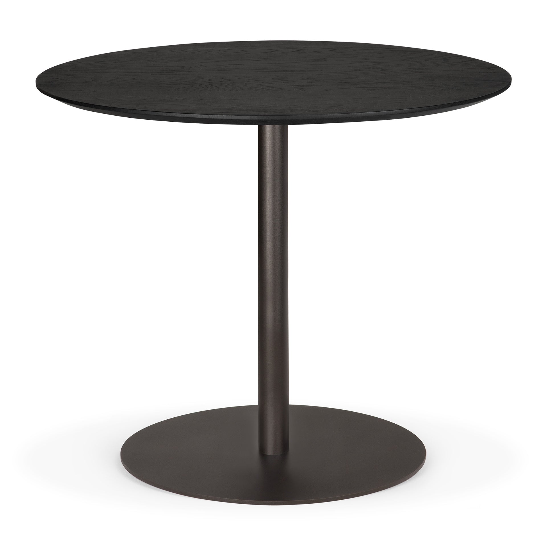 Blend-dining-table-varnished-oak-Black-top-round-with-base-metal-dark-bronze-front-cut-Goode-Studio