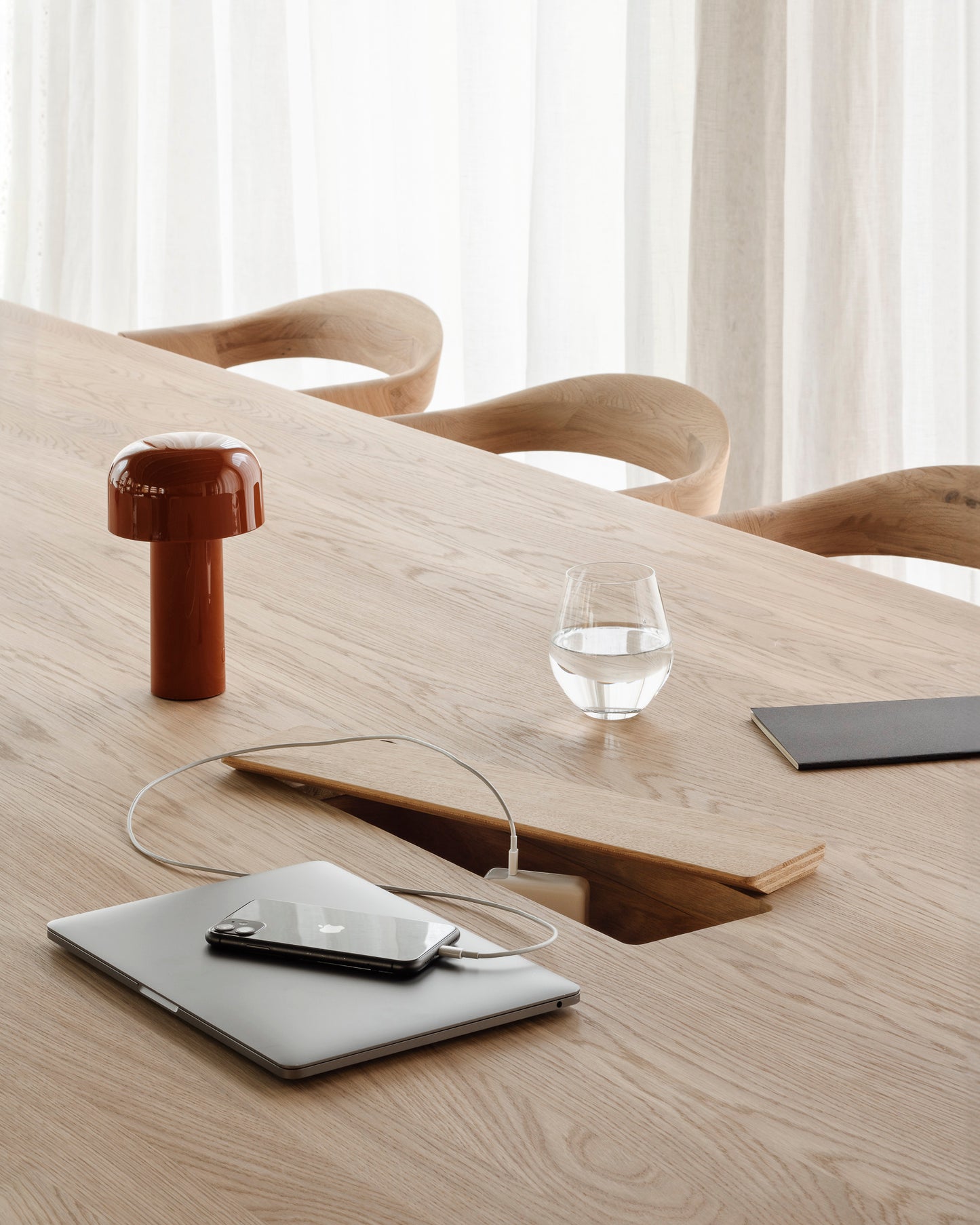 Geometric-meeting-table-Bok-dining-chair-oak-cognac-leather-Goode-Studio