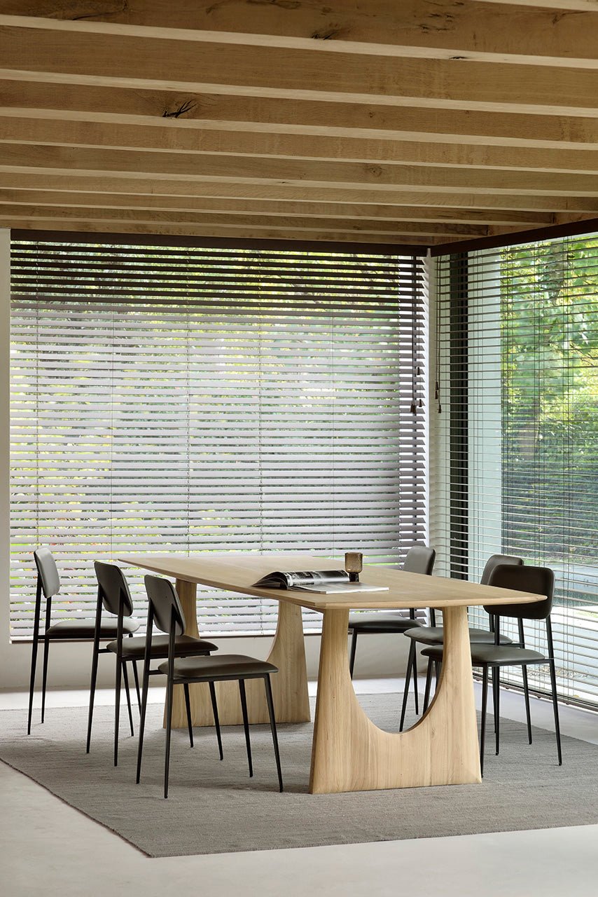 Oak-Geometric-dining-table-Grey-Nomad-kilim-rug-DC-chair-olive-green-chocolate-leather-Goode-Studio