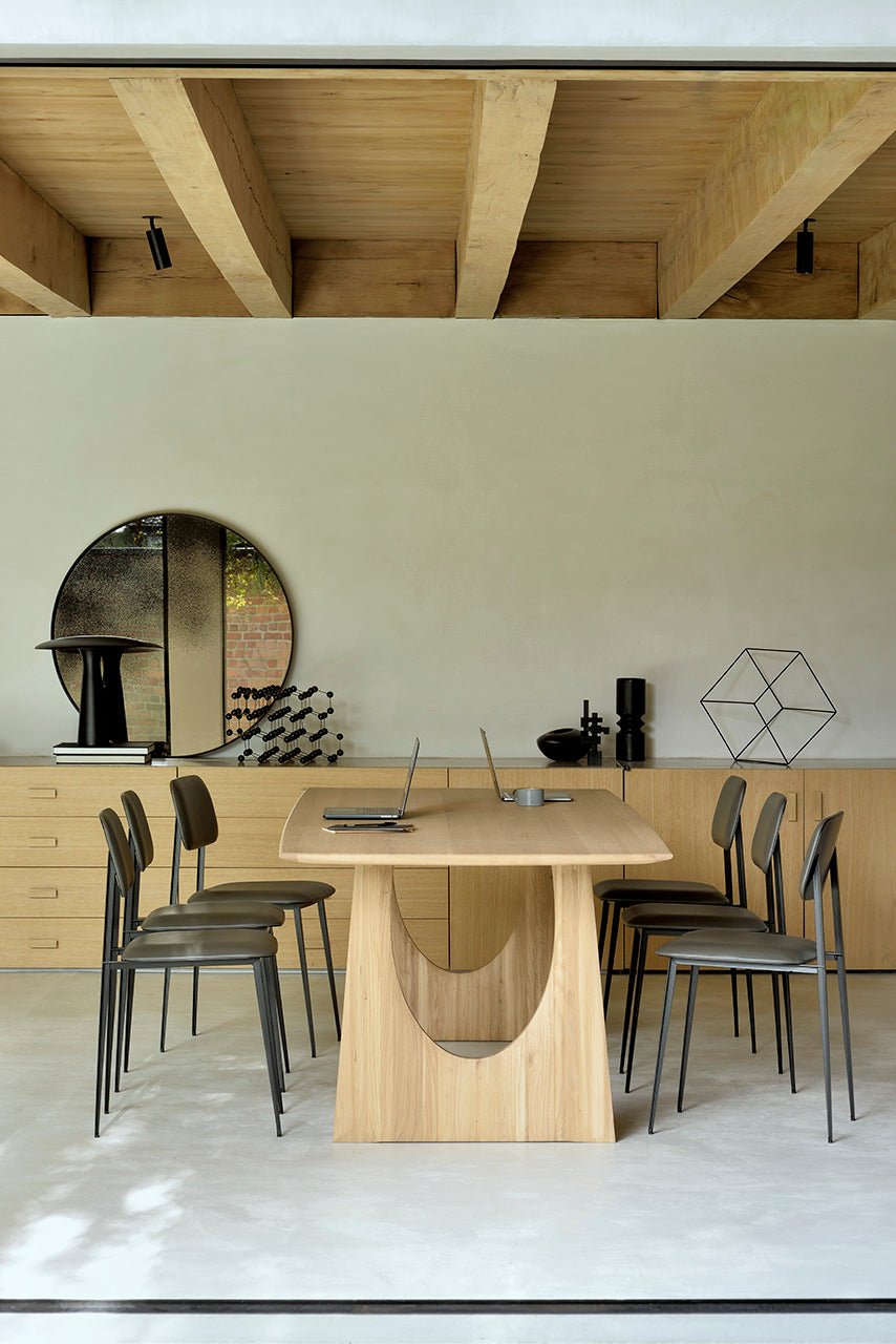 Oak-Geometric-dining-table-olive-green-chocolate-leather-DC-chair-Bronze-wall-mirror-Goode-Studio