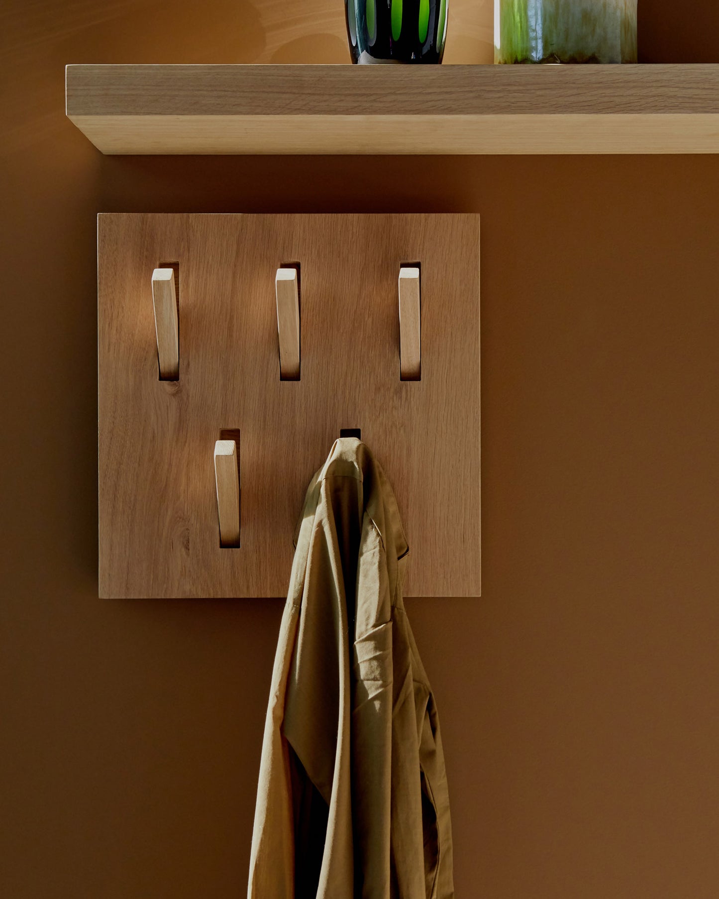 Oak-Utilitile-hooked-Oak-wall-shelf-Goode-Studio