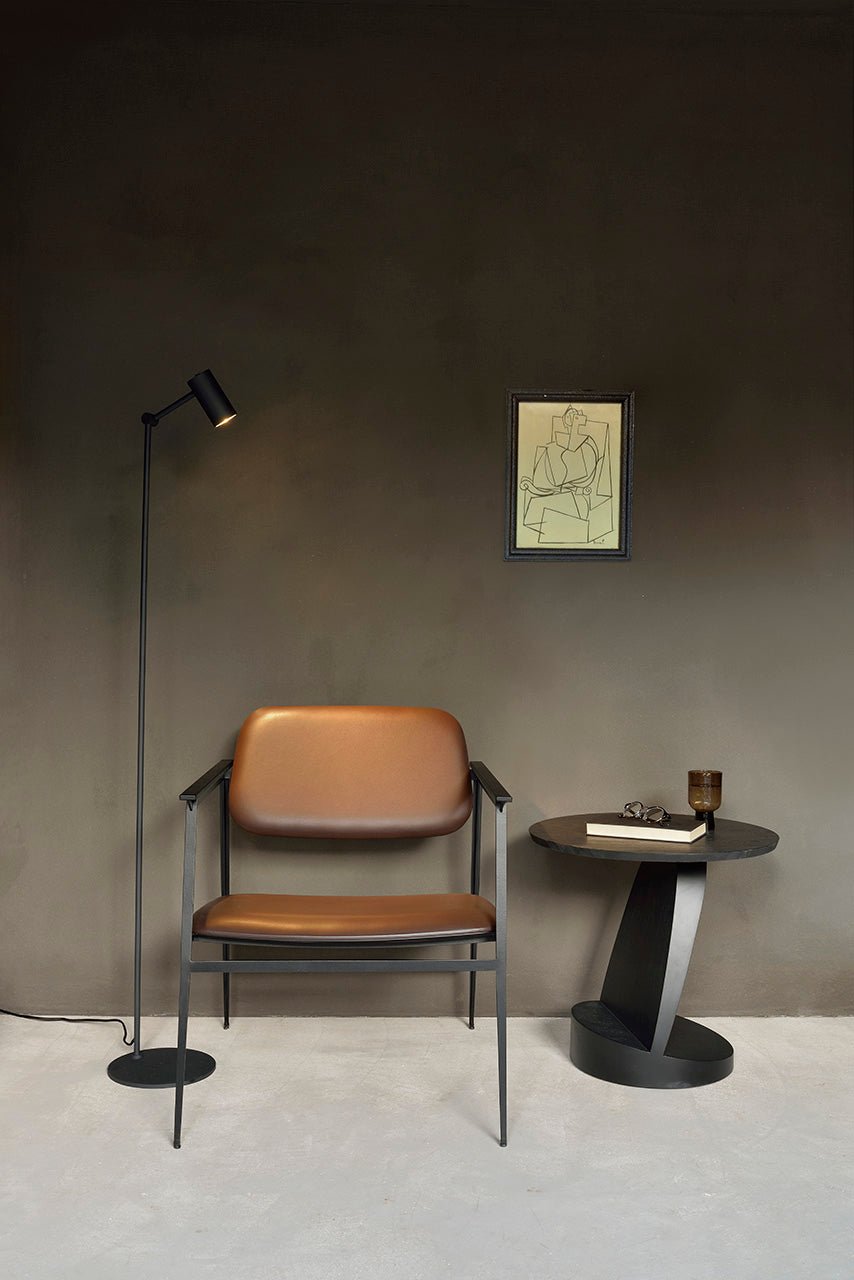 DC-lounge-chair-chocolate-leather-Teak-Oblic-black-side-table-Goode-Studio